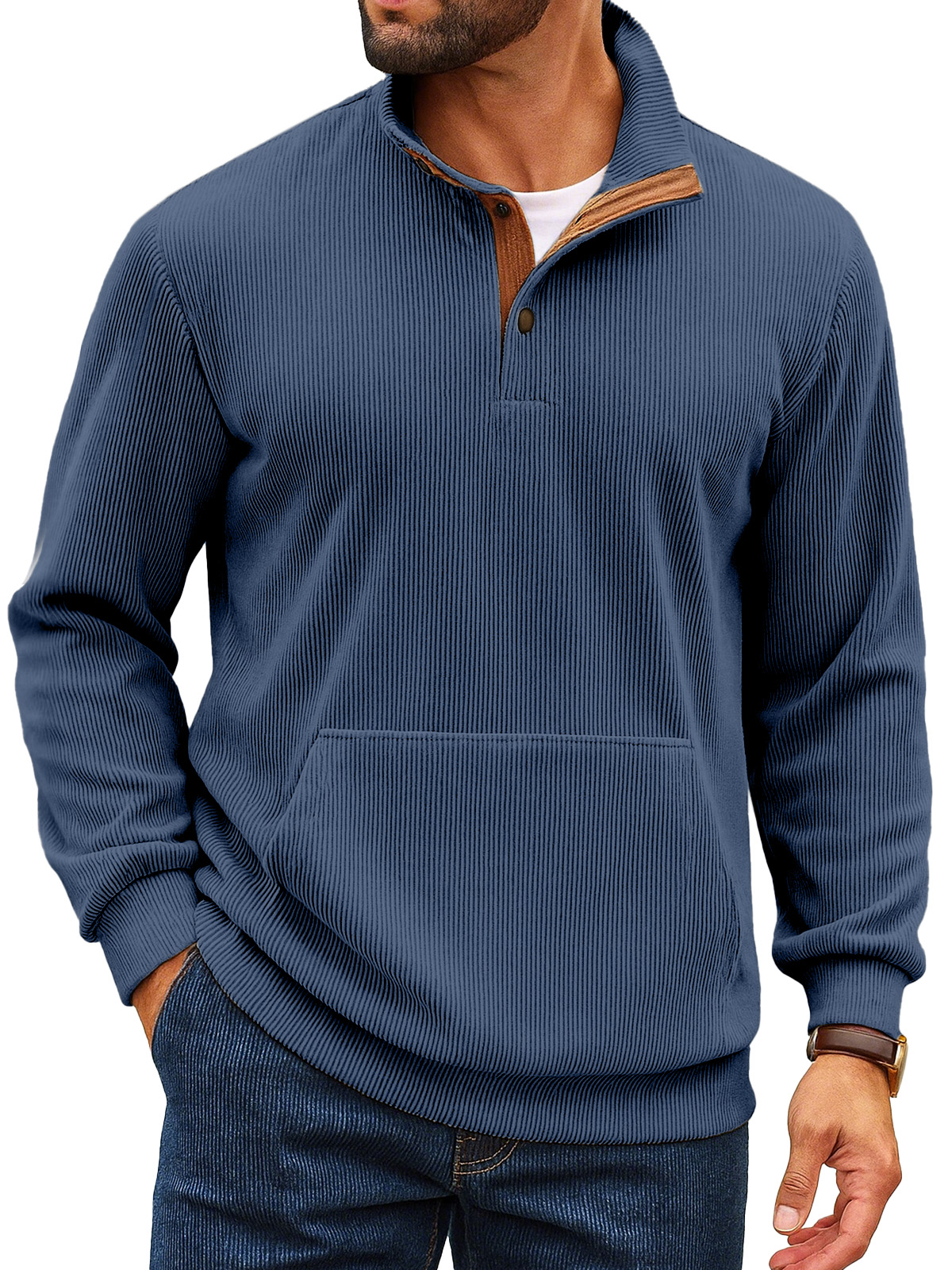 Herren Retro Einfarbiger Vertikaler Pit Streifen Stehkragen Knopf Langarm Sweatshirt-deurabatt