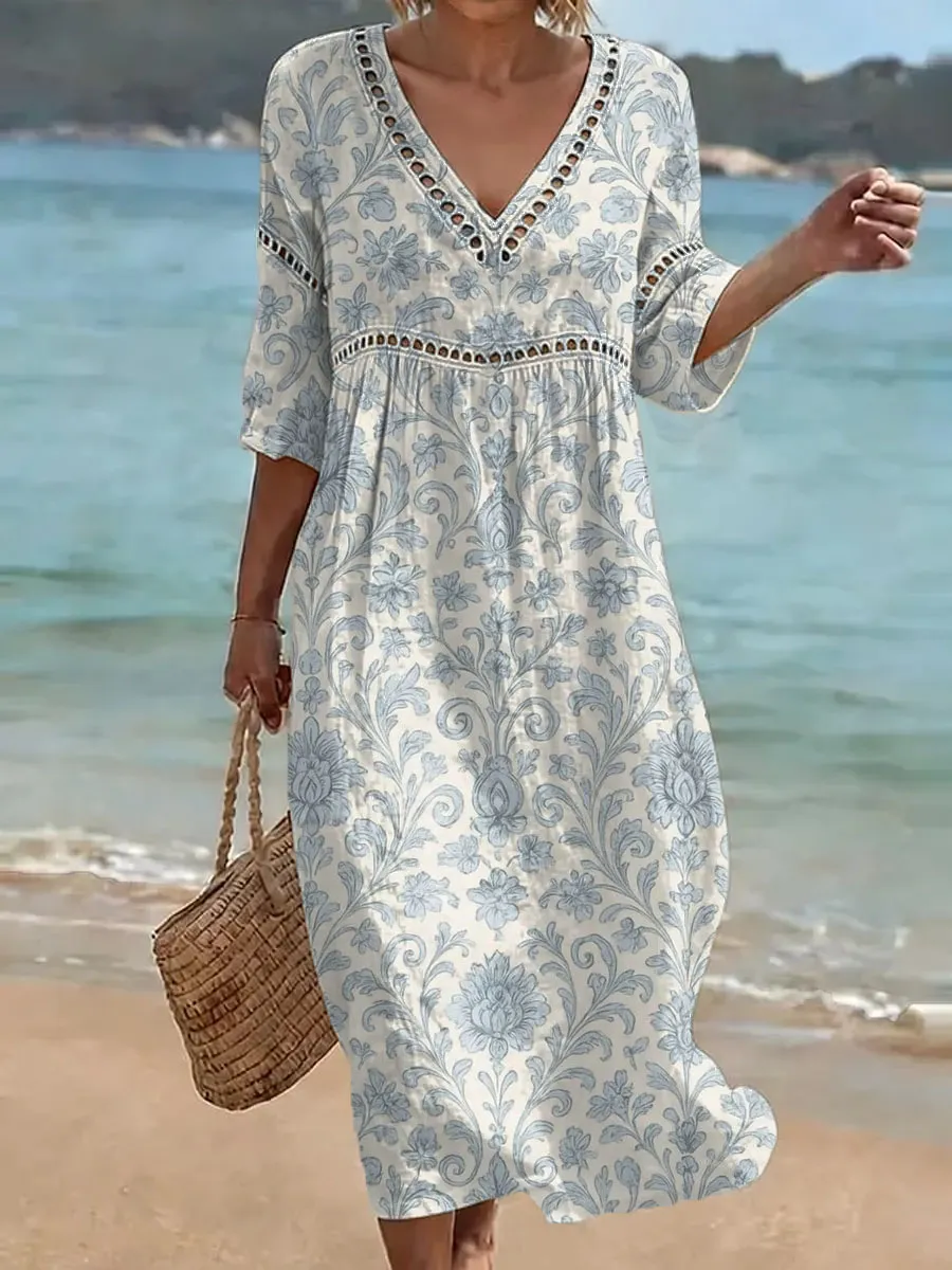 Damen-Baumwollkleid, einfarbig, Retro-Stil, lässig, elegant, für den Urlaub