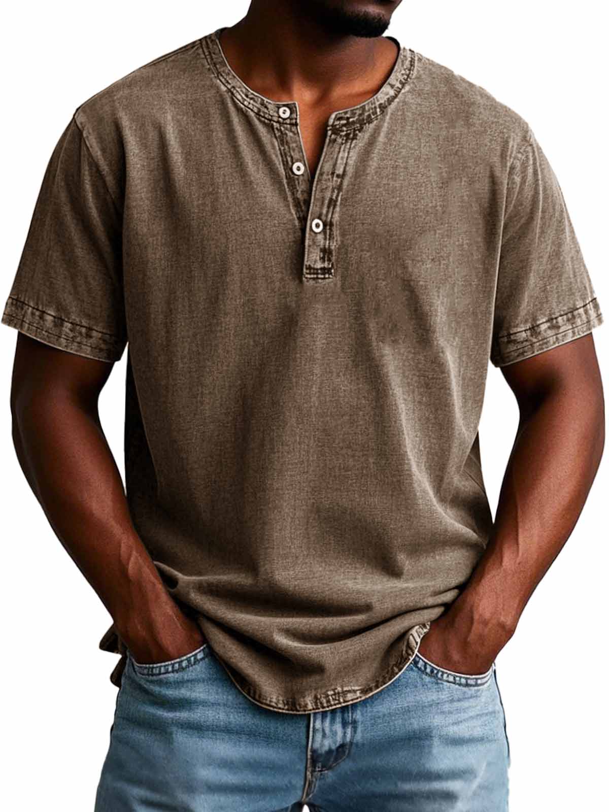 Herrenmode Vintage Verwaschenes Kurzarm-Henley-Shirt-deurabatt