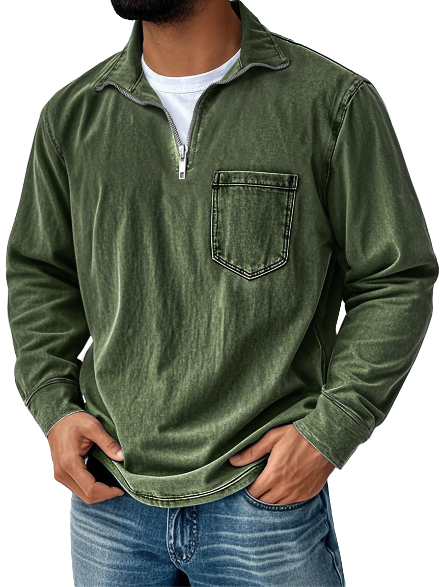 Herren Retro Freizeit Stehkragen Reißverschluss Tasche Verwaschen Langarm T-Shirt-deurabatt