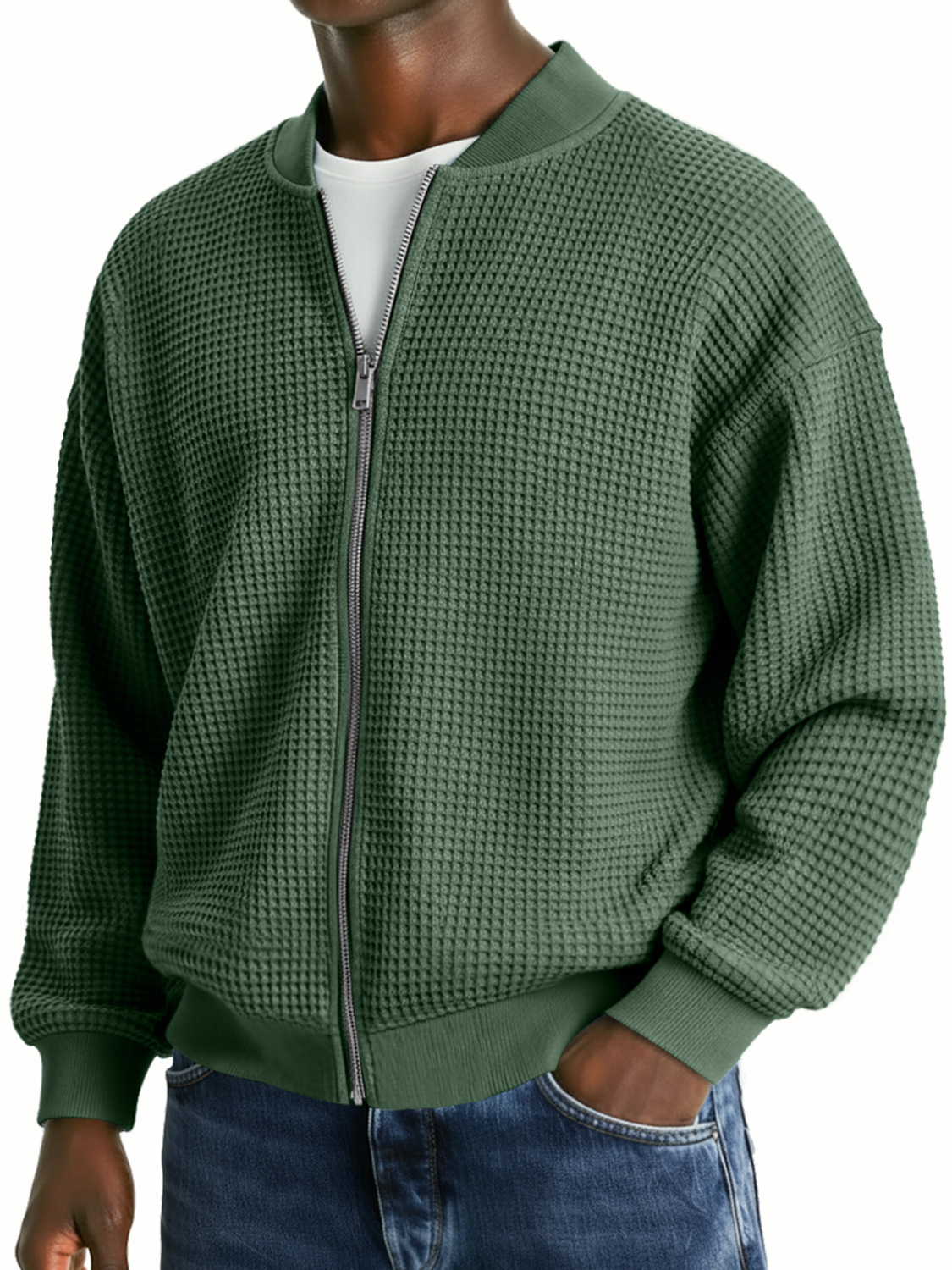 Herren-Waffelstrickjacke, lässig, locker, mit Reißverschluss-deurabatt