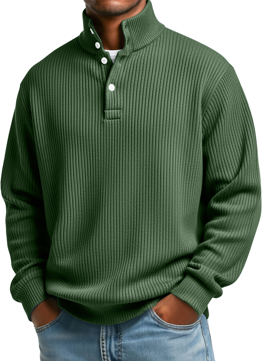 Herren Sweatshirt mit vertikalen Streifen, Stehkragen, Knopf, lässig und locker-deurabatt