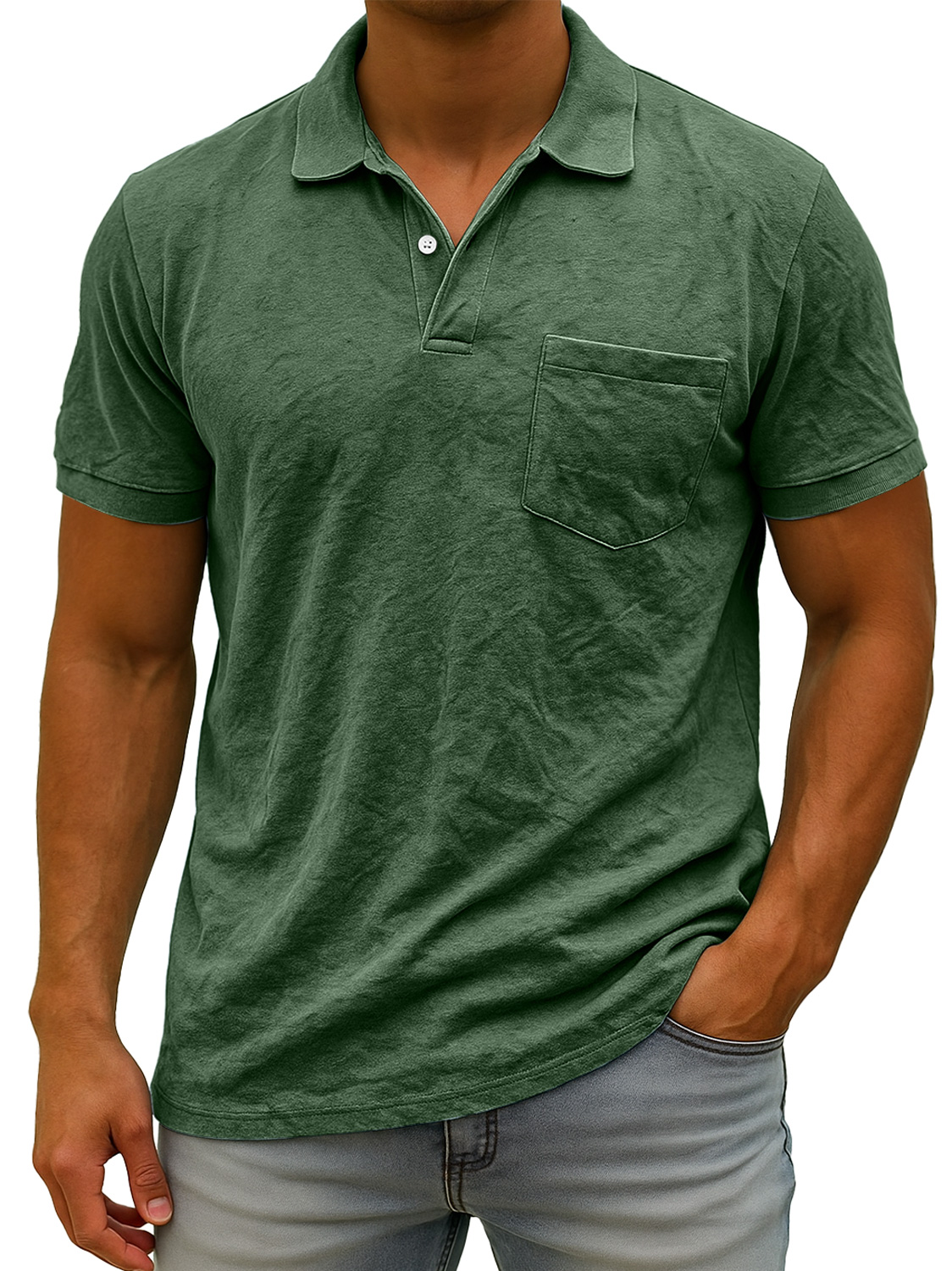 Herren Daily Wildleder Freizeit Revers Tasche Komfort Kurzarm POLO Hemd-deurabatt