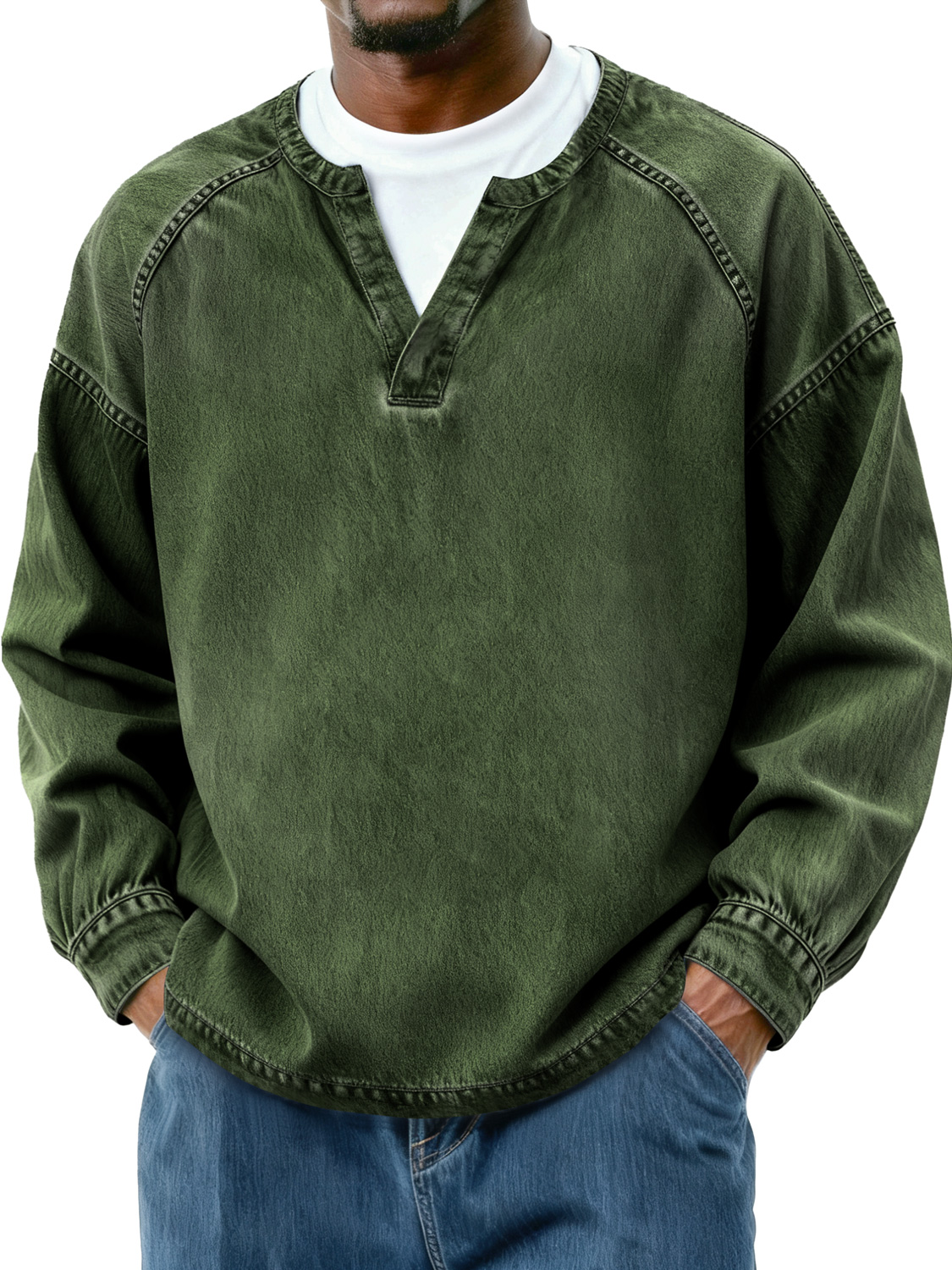 Herren Retro Faux Zwei-Teile Raglan Patchwork Freizeit Langarm T-Shirt-deurabatt