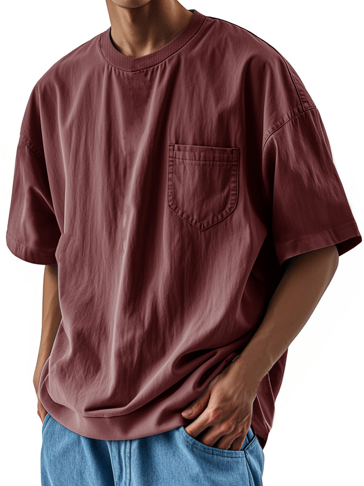 Herrenmode Lässiges Retro-Shirt Rundhals Tasche Kurzarm T-deurabatt