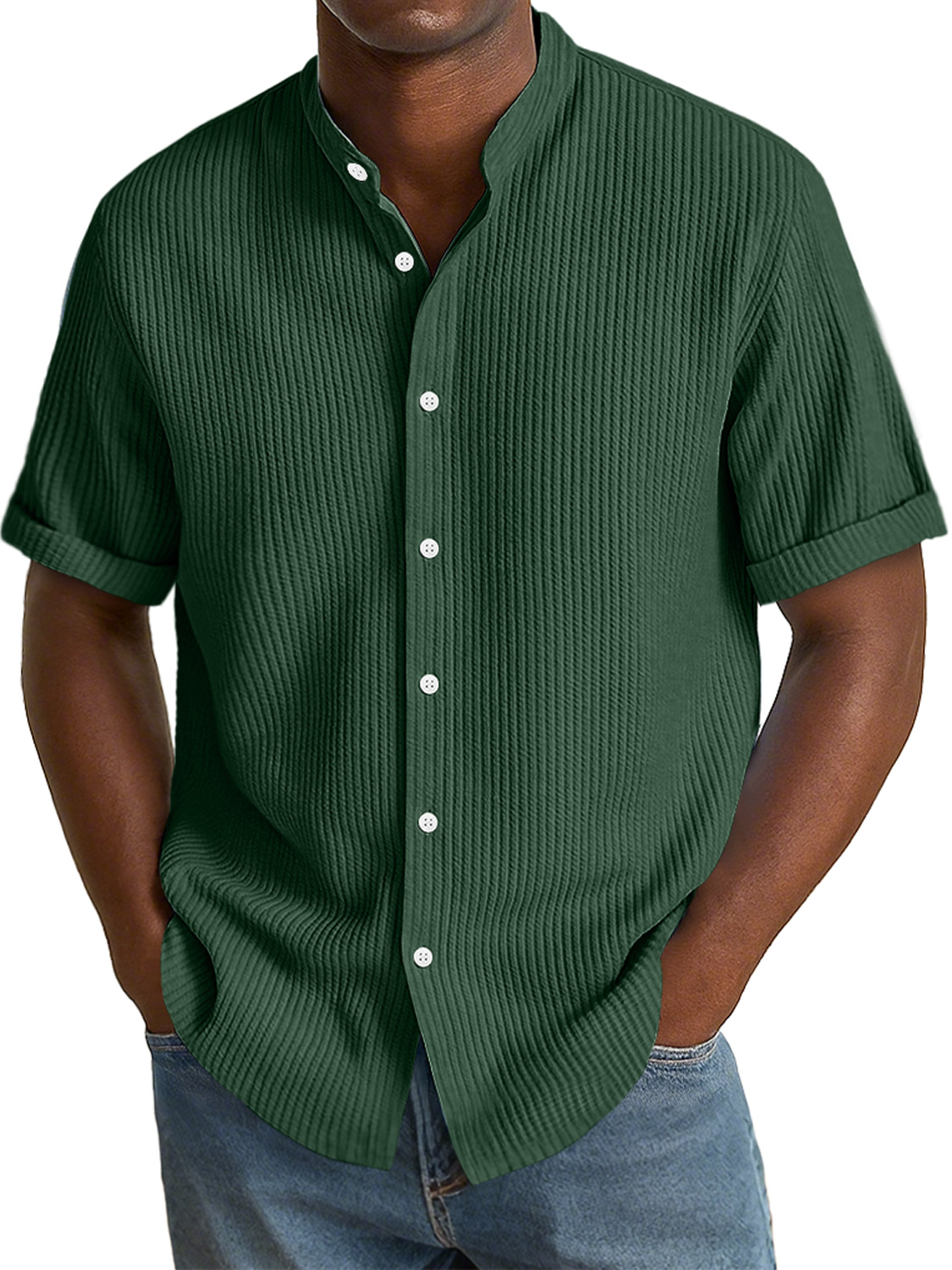 Herren Daily Texture Stoff Freizeit Stehkragen Einfarbig Kurzarmhemd-deurabatt