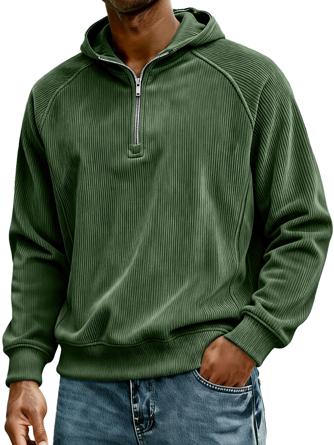 Herren Retro Corduroy Raglan Kapuzenpullover mit Reißverschluss-deurabatt