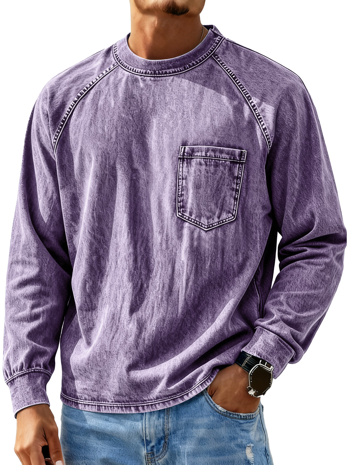 Herren Retro Rundhals Raglan Freizeit Tasche Langarm T-Shirt-deurabatt