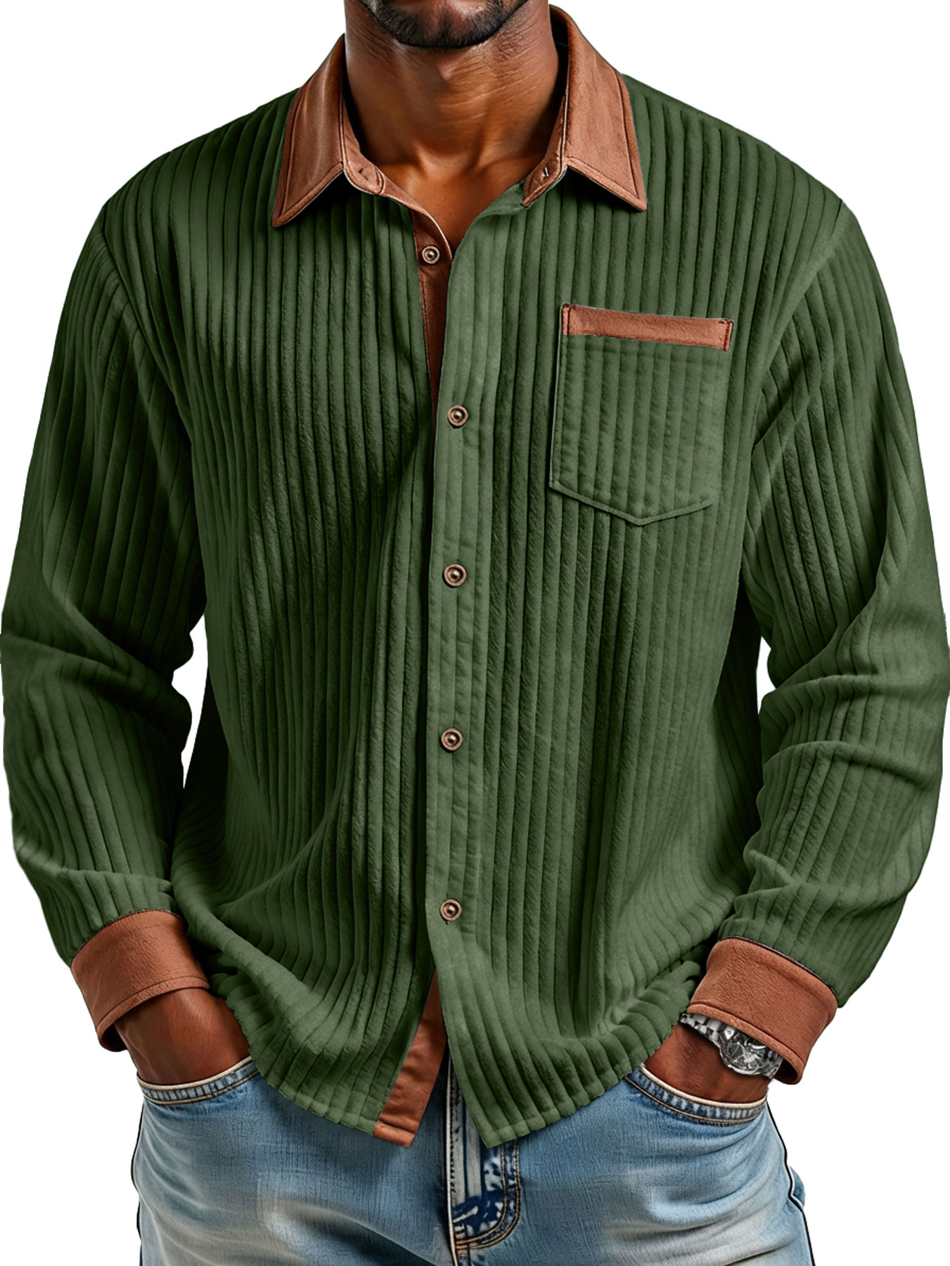 Herren Retro Corduroy Kragen Farbblock Casual Langarmhemd-deurabatt