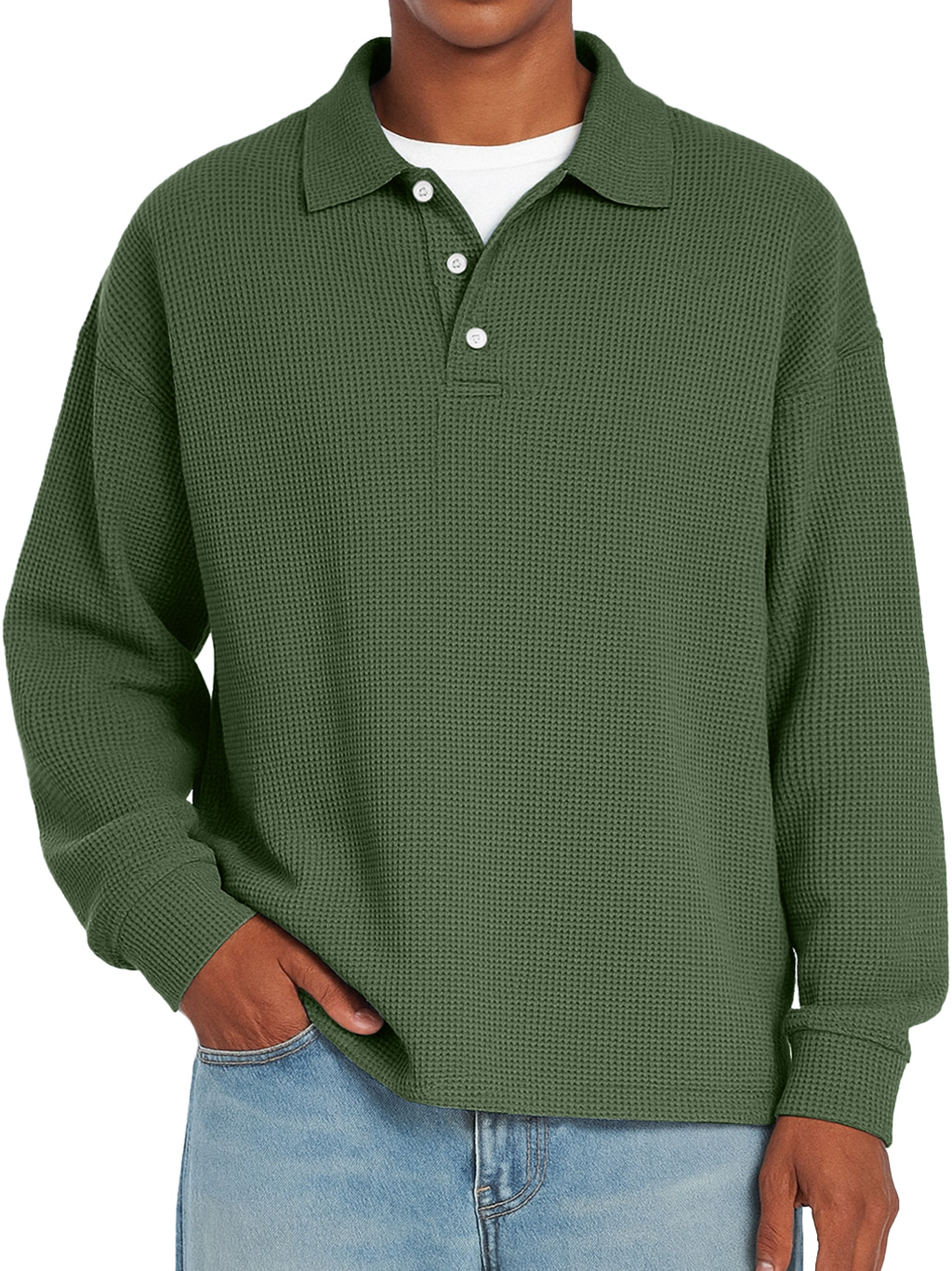 Herren Daily Waffle Freizeit Revers Knopf Locker Langarm Polohemd-deurabatt