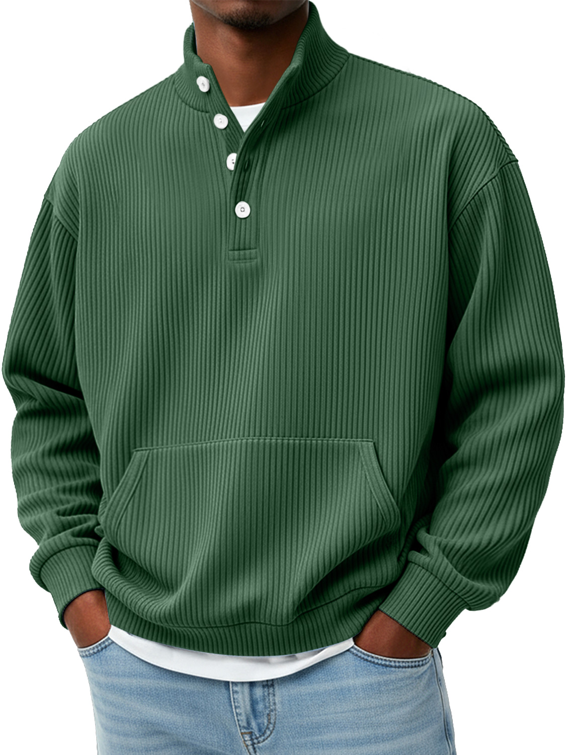 Herren Einfaches Rippkragen Knopf Freizeit Lockeres Sweatshirt-deurabatt