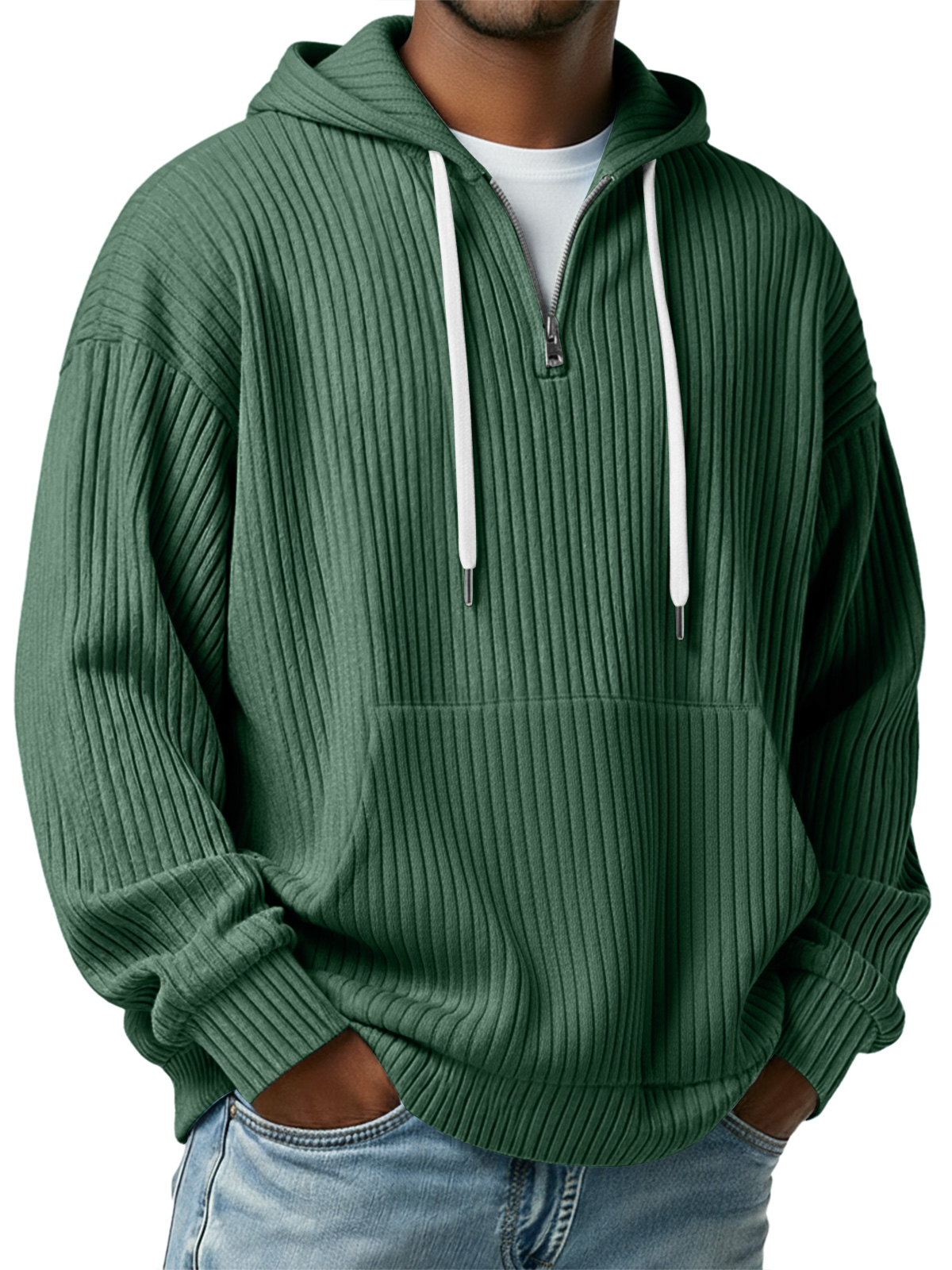 Herren Einfaches Rippstrick Kapuzenzipper Lässiger Lockere Sweatshirt-deurabatt