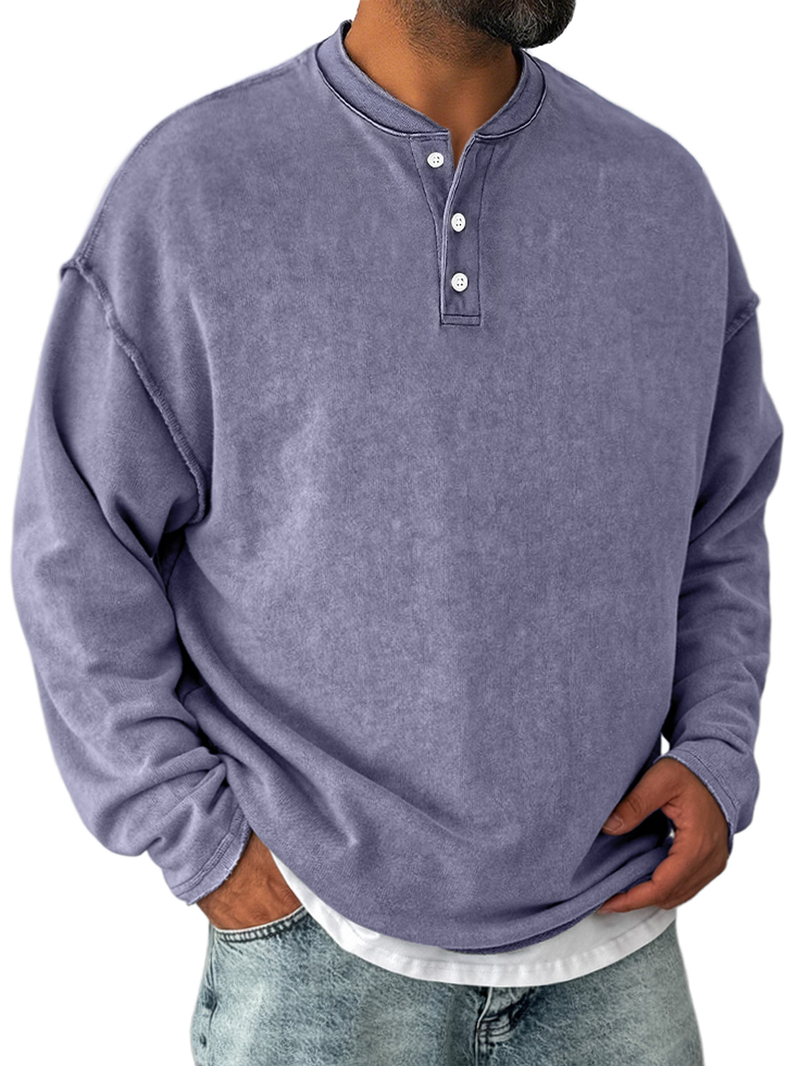 Herren Retro Freizeit Stehkragen Knopf-Down Langarm Henley Shirt-deurabatt