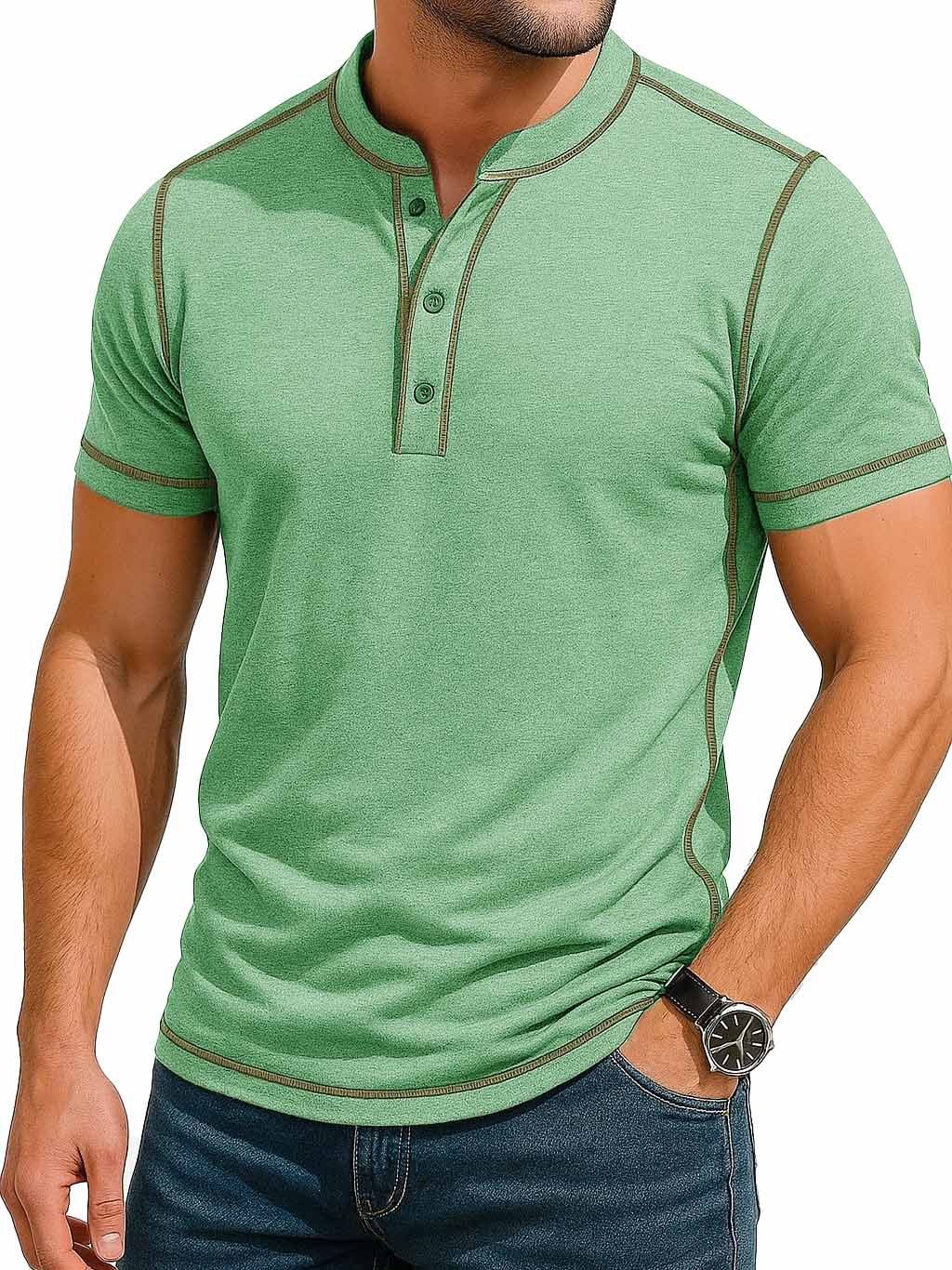 Herrenmode Retro Kontrastfarbe Linie Kurzarm Henley Shirt-deurabatt