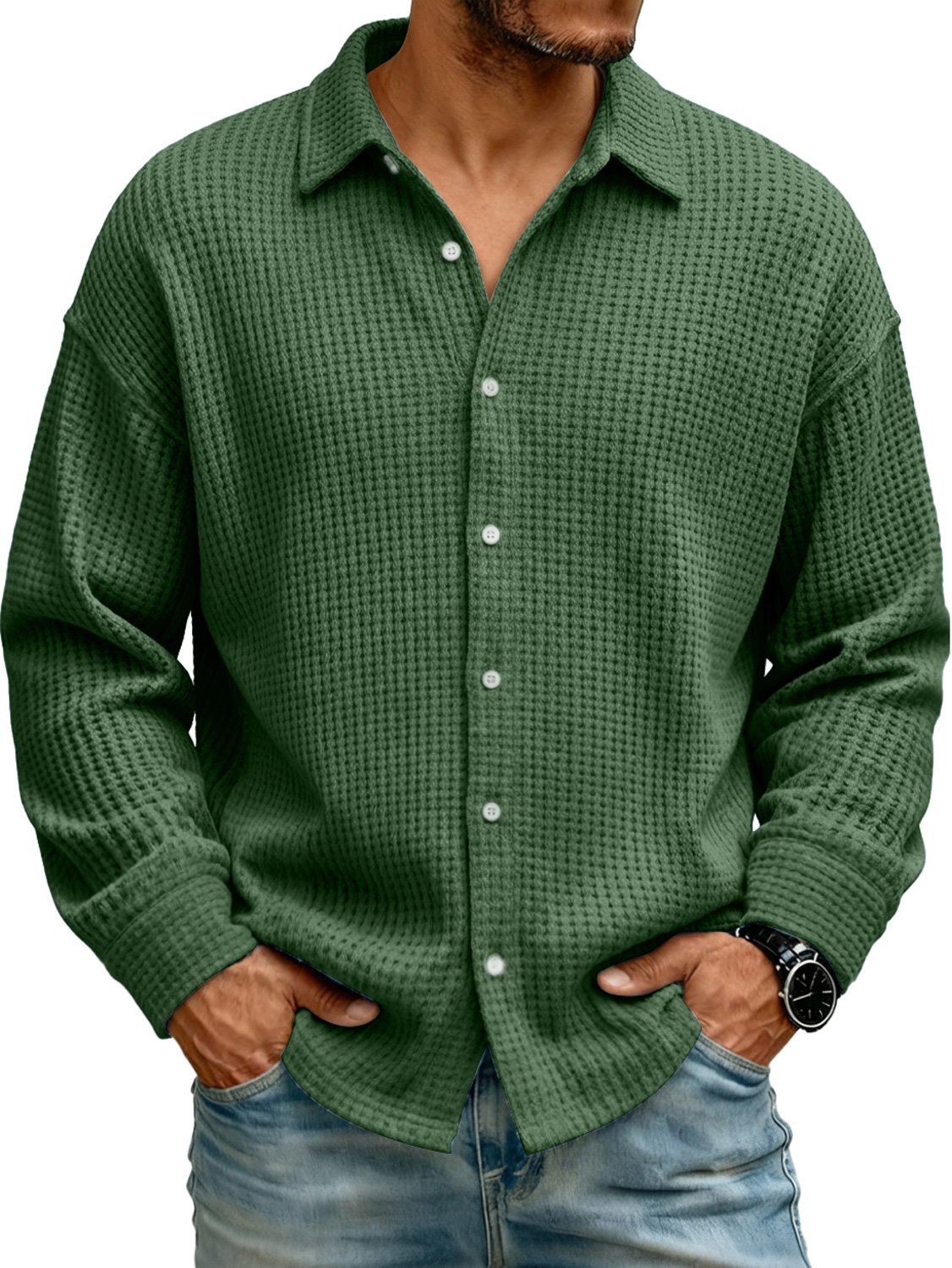 Herren Revers Waffelstrick Freizeit Einfarbig Langarmshirt-deurabatt