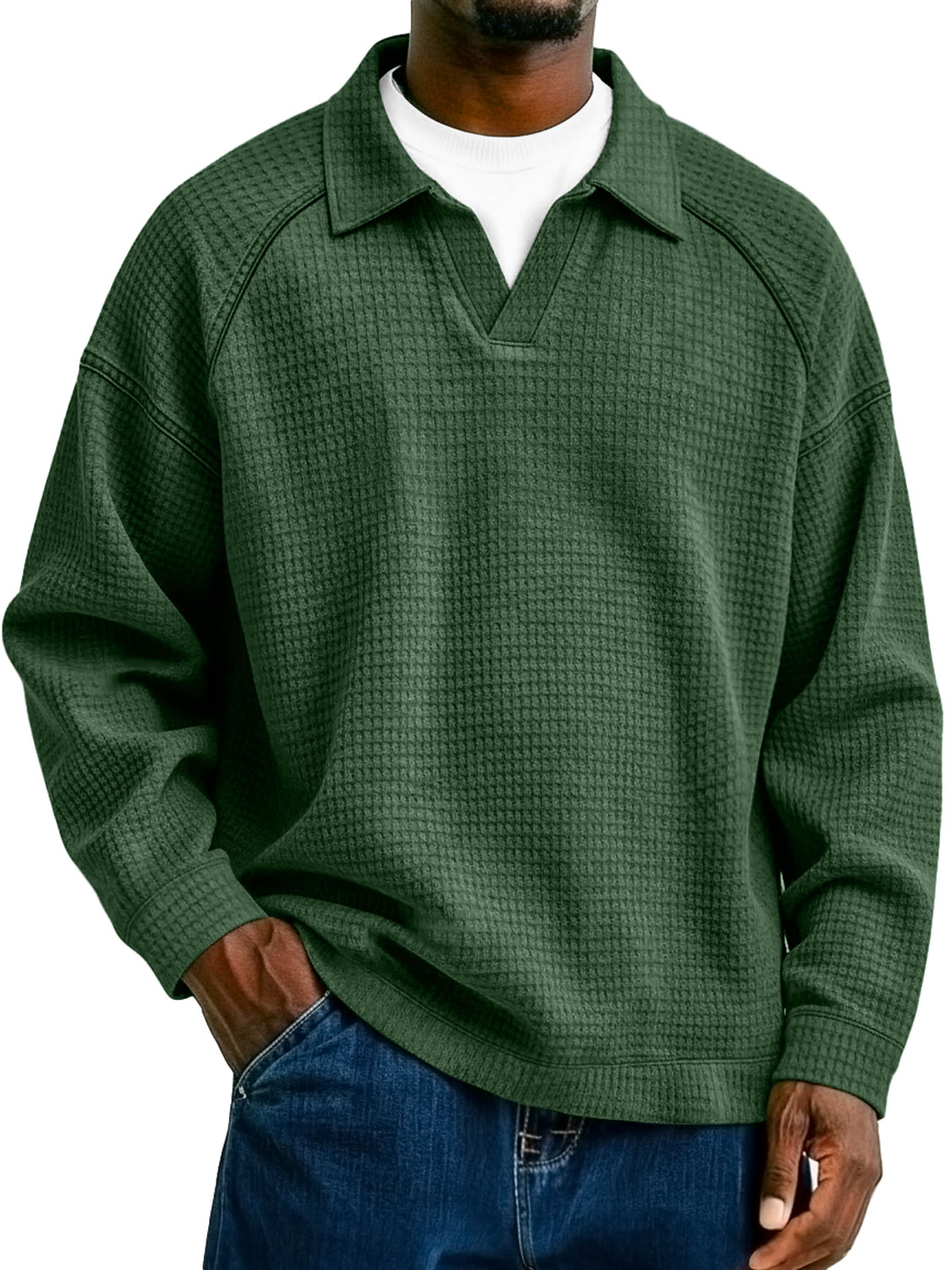 Herren Waffelstrick-Kragen Faux Zwei-Teiler Raglan Patchwork Freizeit Polo-Shirt-deurabatt