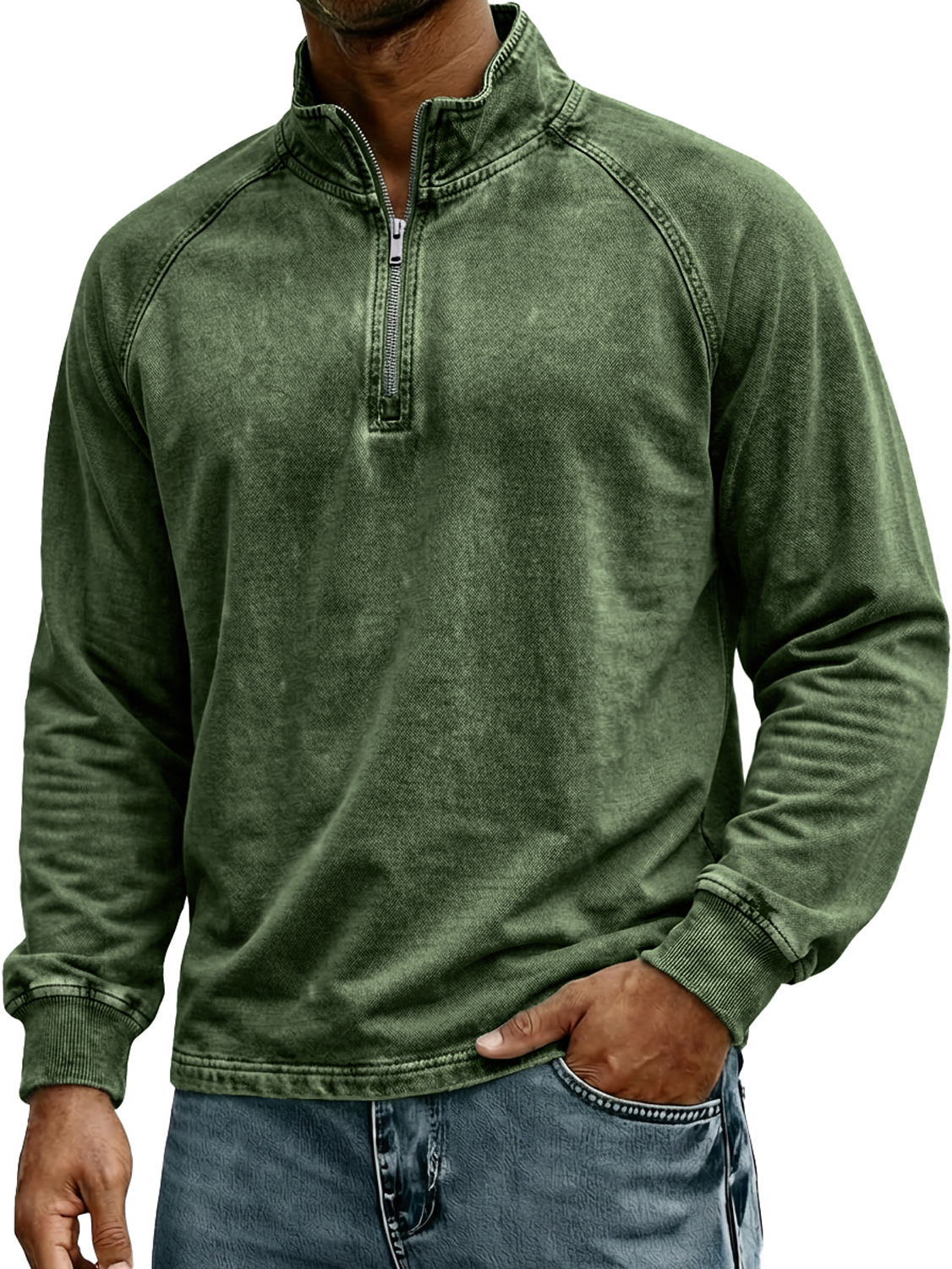 Herren Retro Stehkragen Reißverschluss Raglan Design Freizeit Langarm T-Shirt-deurabatt