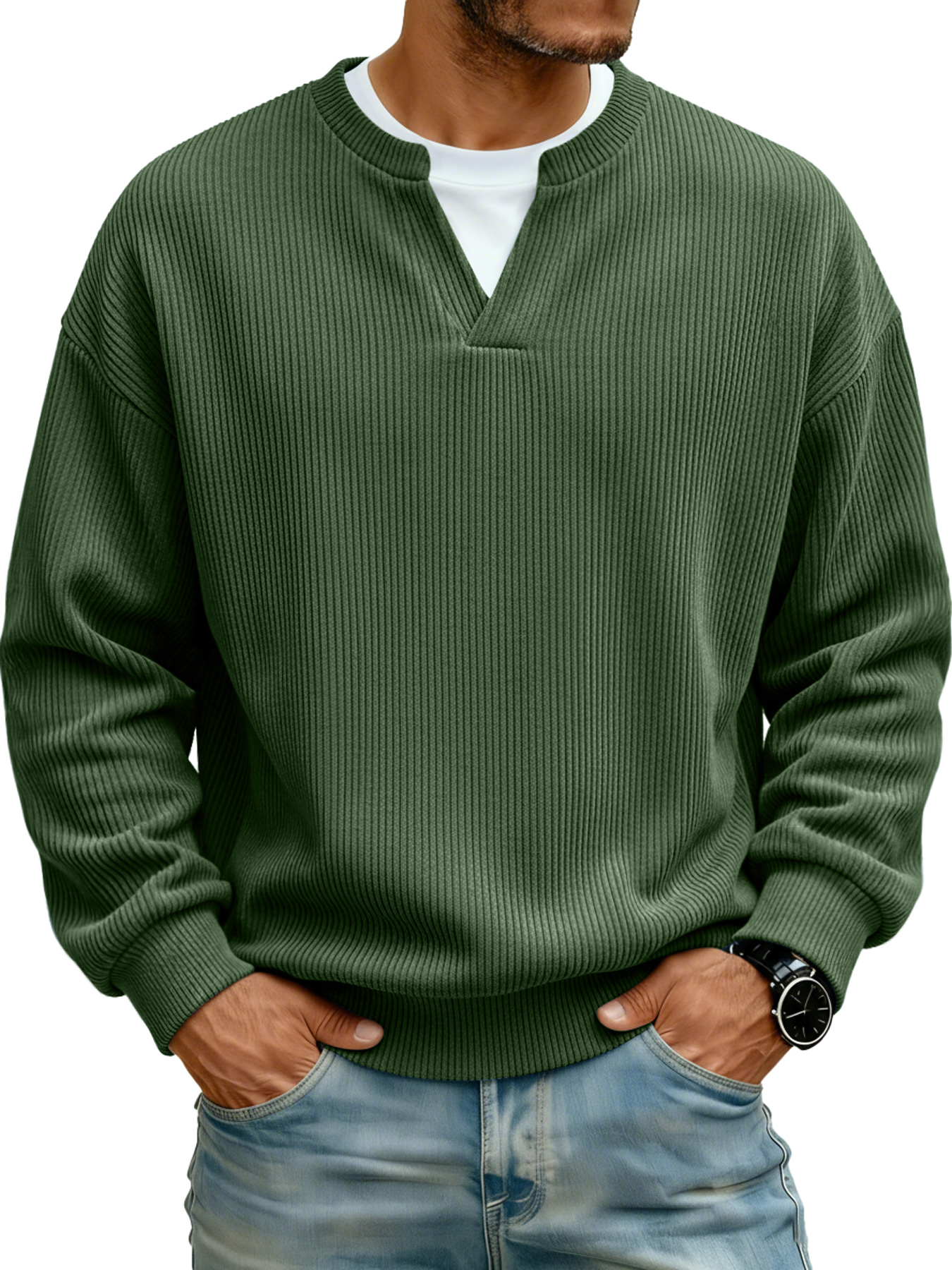 Herren Ripp-V-Ausschnitt Faux Zwei-Teile Freizeit Langarm T-Shirt-deurabatt