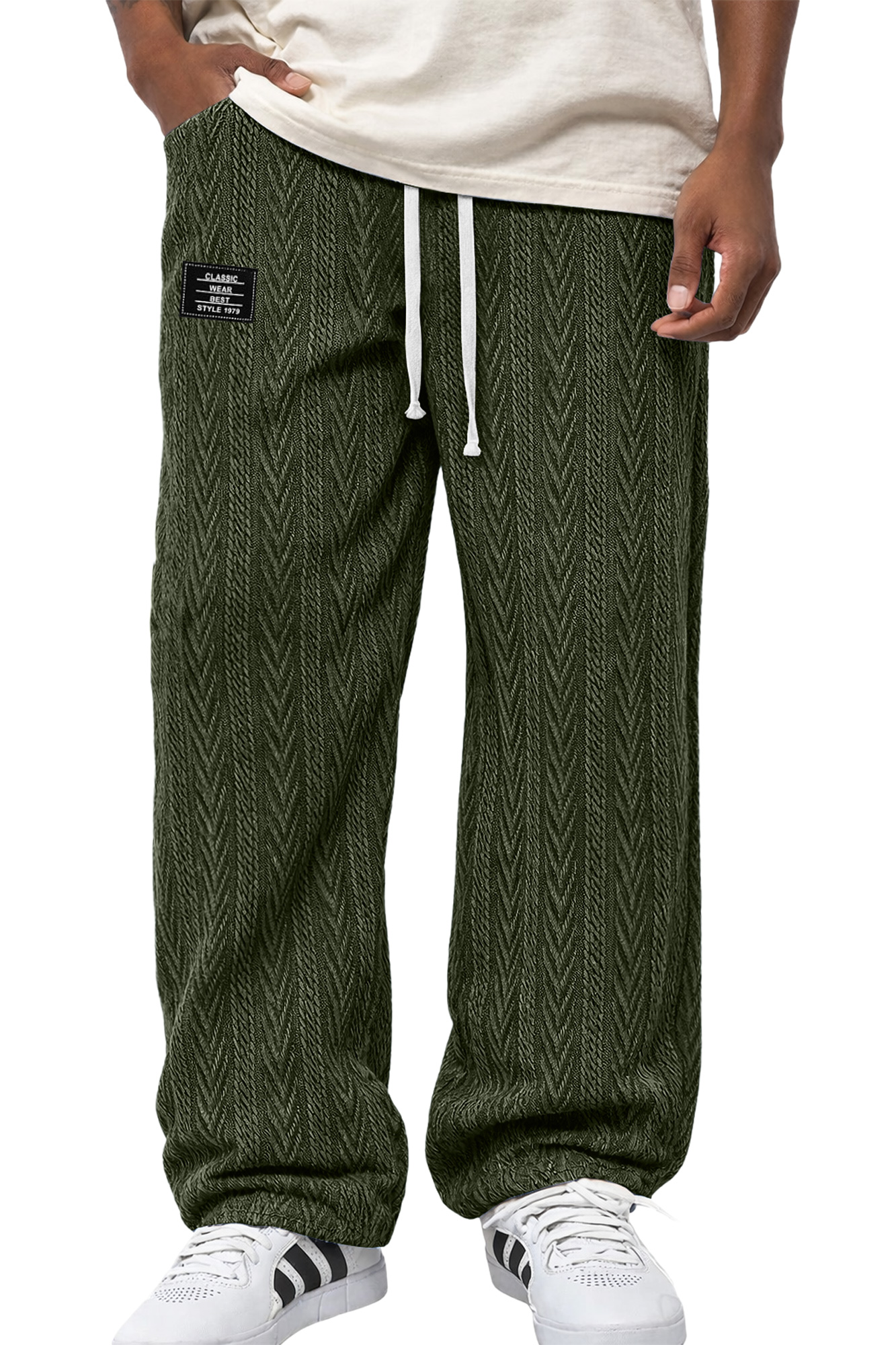 Herren Freizeit Jacquard Strukturierte Bestickte Logo Elastischer Bund Lockere Hose-deurabatt