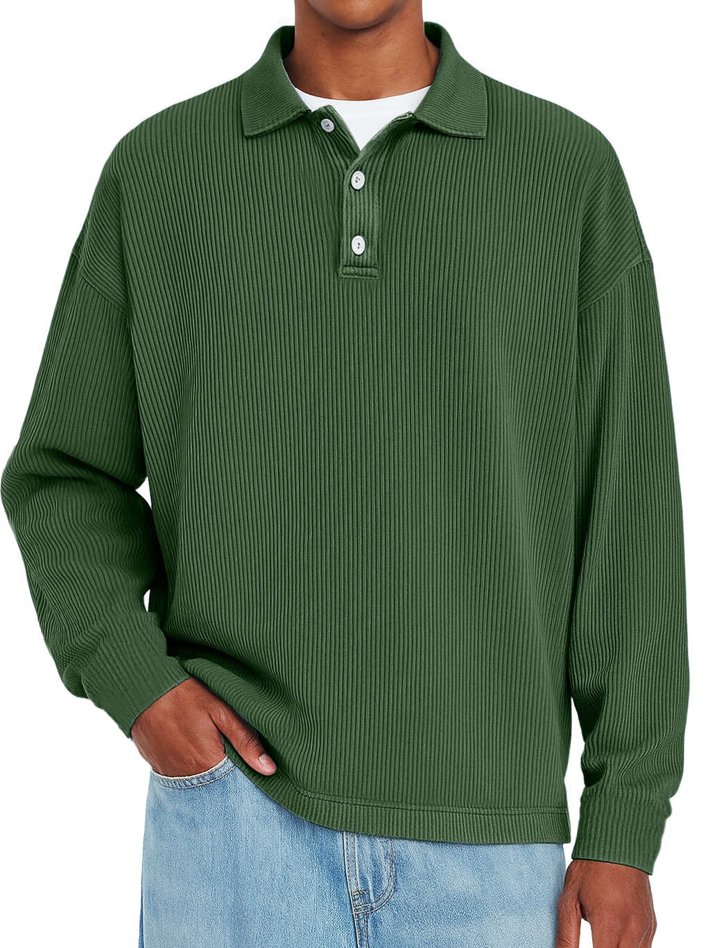 Herren Daily Rippkragen Knopf-Down Freizeit Einfarbig Langarm Polohemd-deurabatt