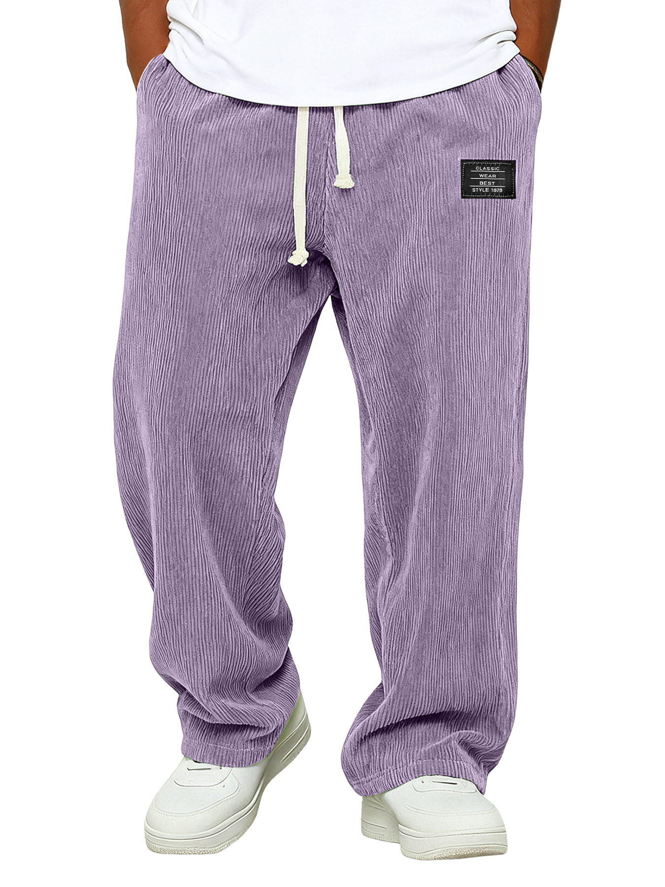 Einfache Corduroy Bestickte Logo Locker sitzende Hose mit elastischem Bund-deurabatt