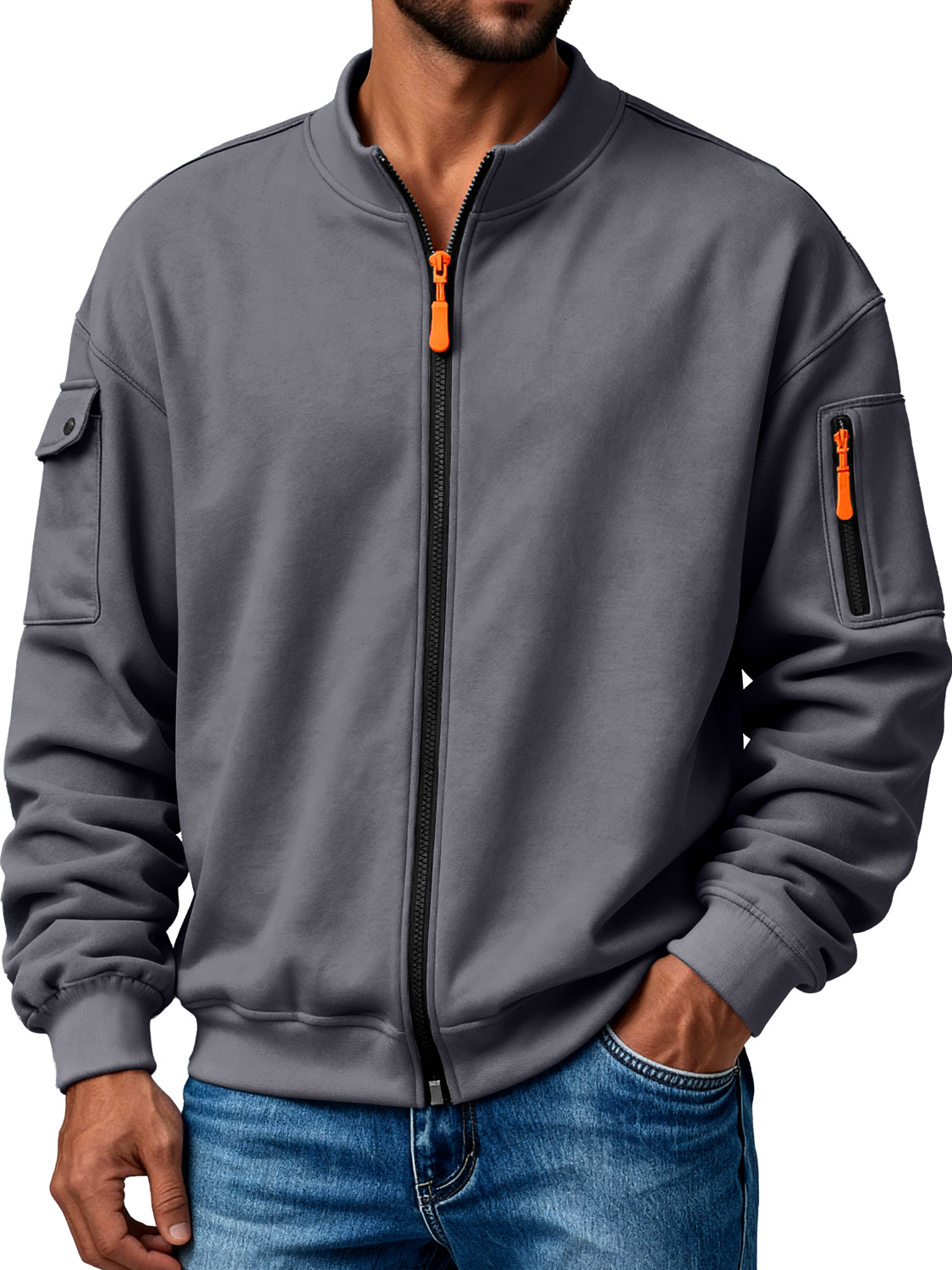 Herren Mehrfachtaschen Stehkragen Reißverschluss Freizeitjacke-deurabatt