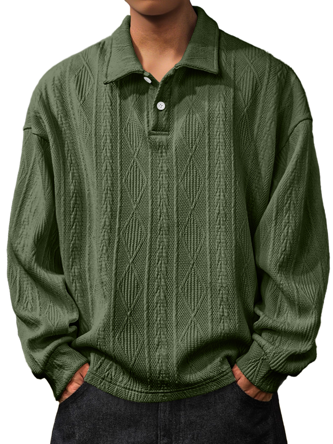 Herren Daily Jacquard Struktur Revers Knopf Langarm Polohemd-deurabatt