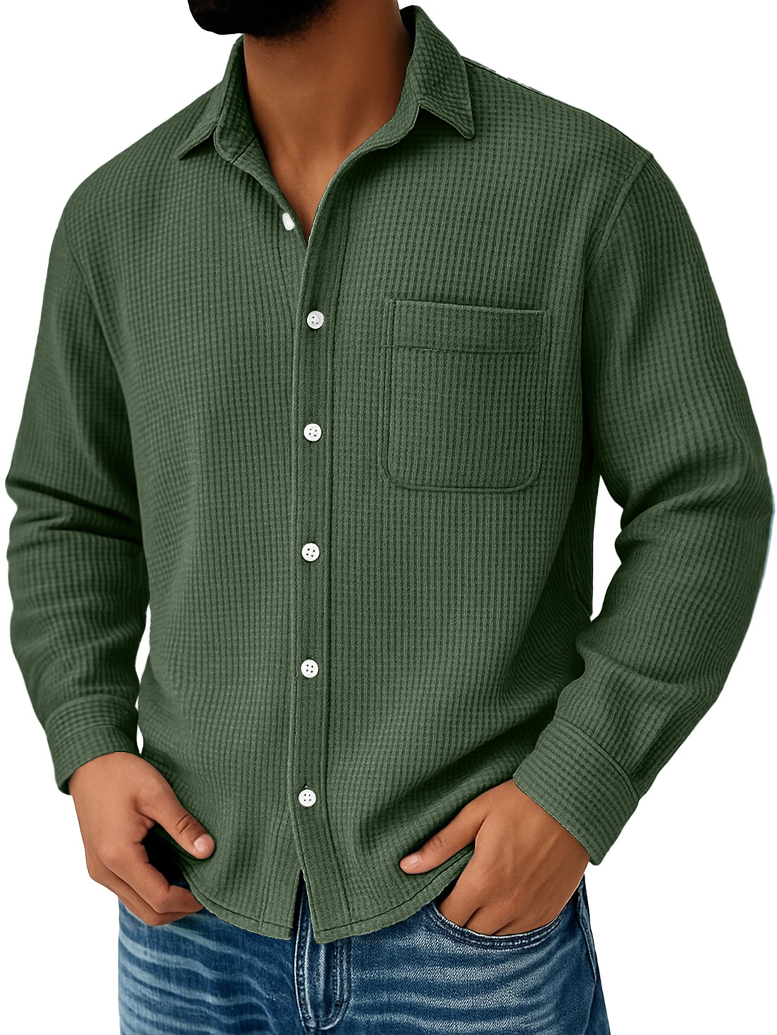 Herren Alltags Waffel Freizeit Tasche Komfort Langarmshirt-deurabatt
