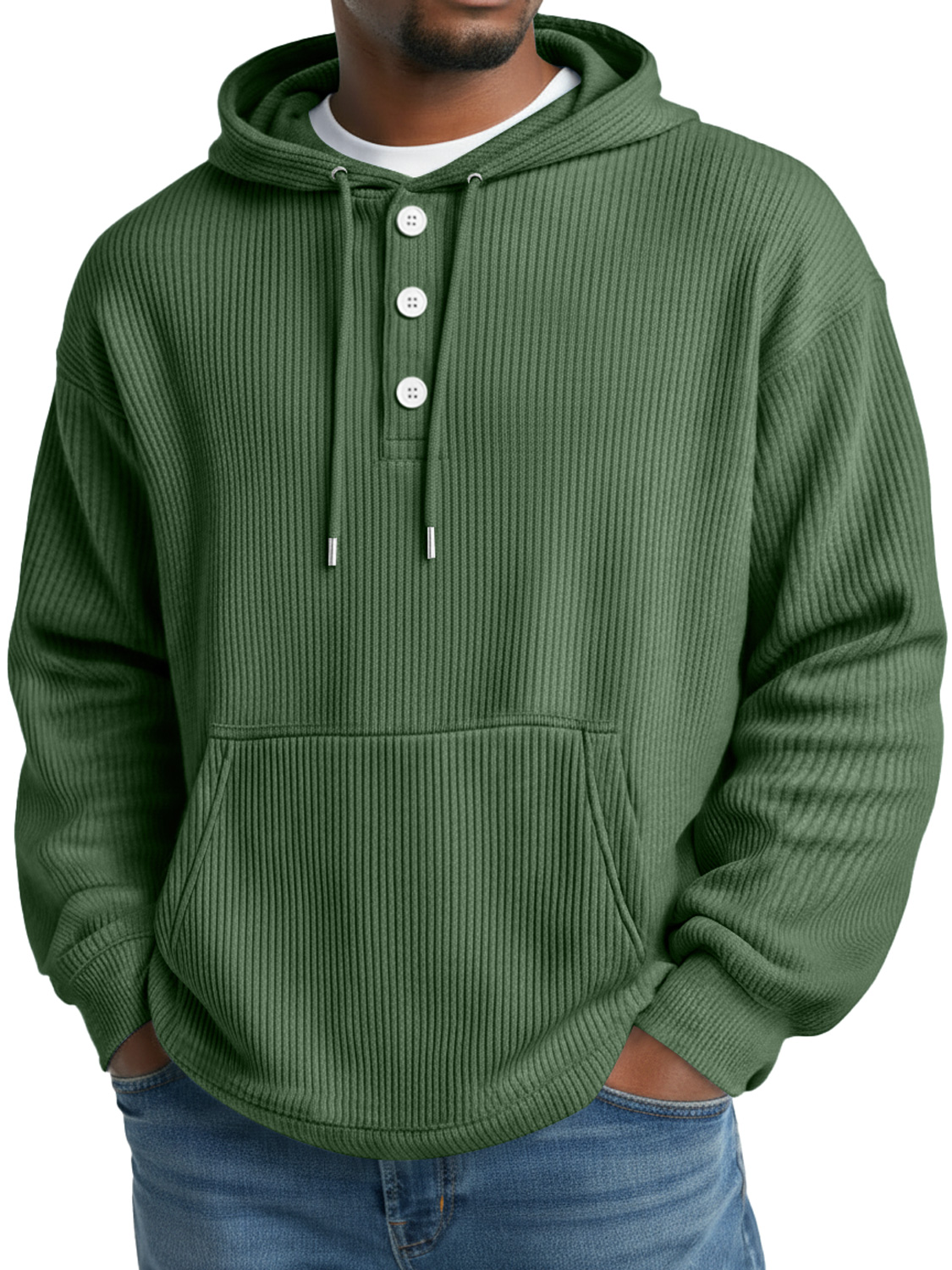 Herren Freizeit gestreifter Knopf einfarbiger Kapuzenpullover-deurabatt