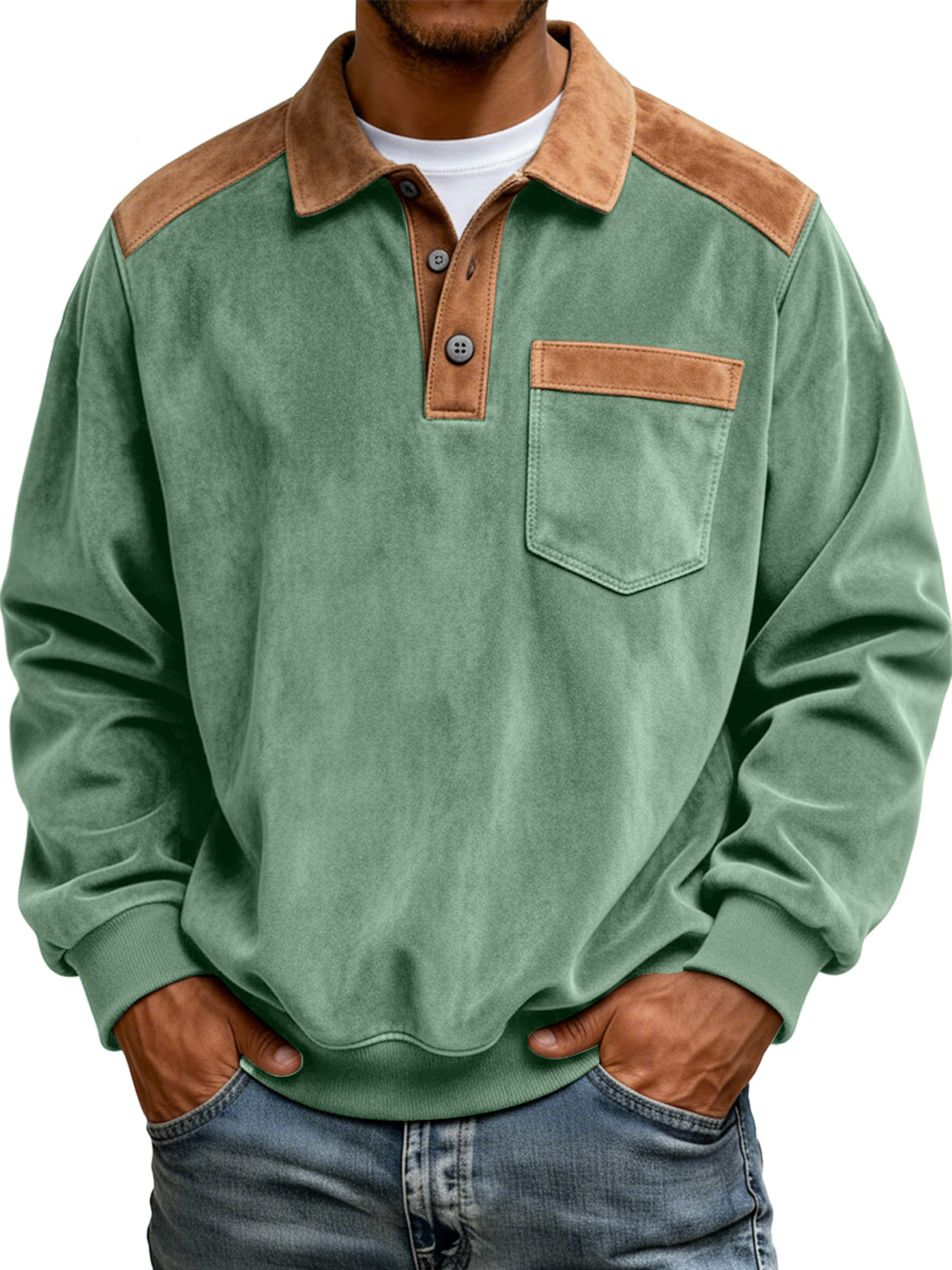 Herren Retro Farbblock Wildleder Freizeit Taschen Polohemd-deurabatt