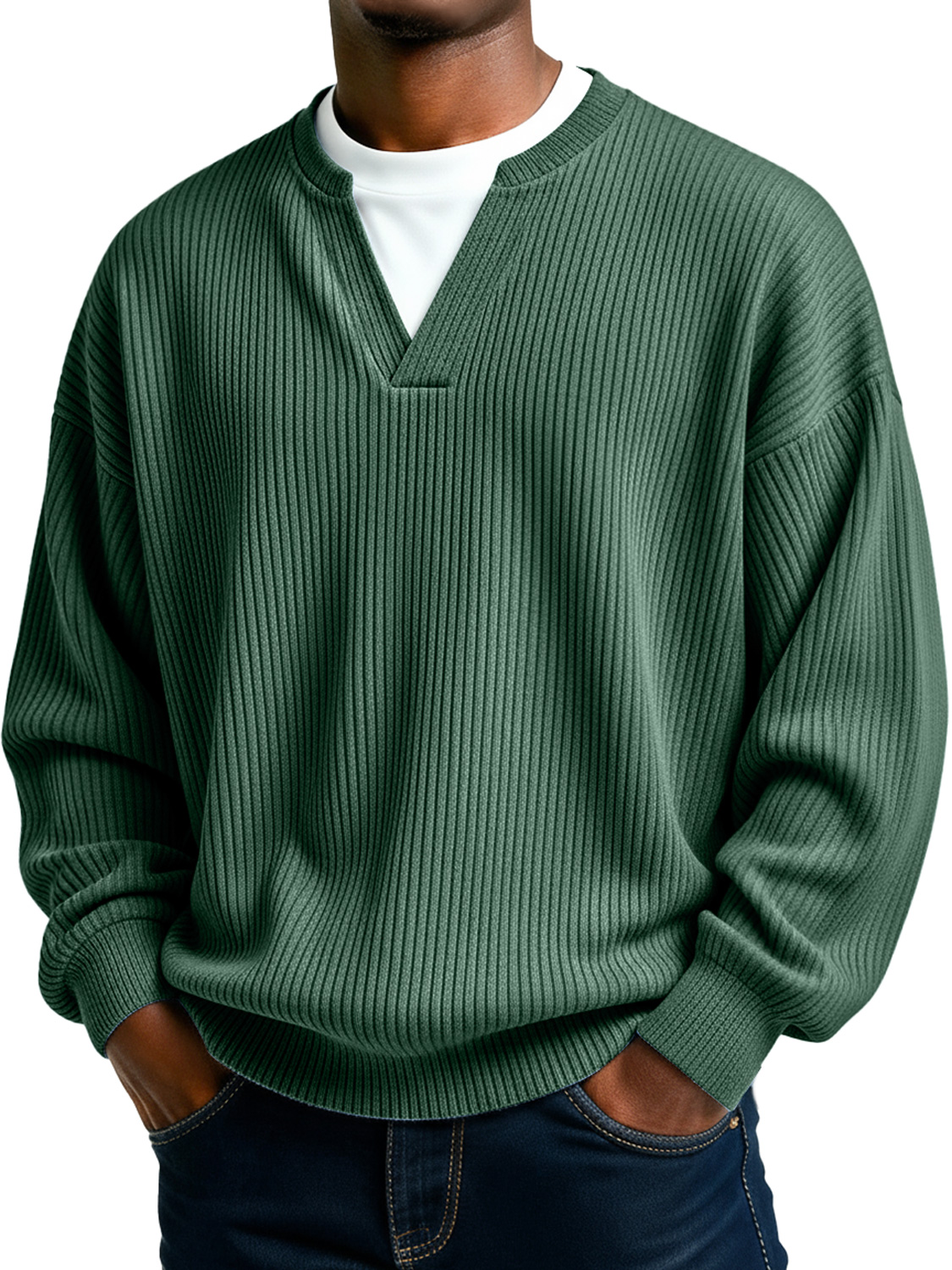 Herren Einfaches Geripptes V-Ausschnitt Faux Zwei-Teile Lässiges Langarm-T-Shirt-deurabatt