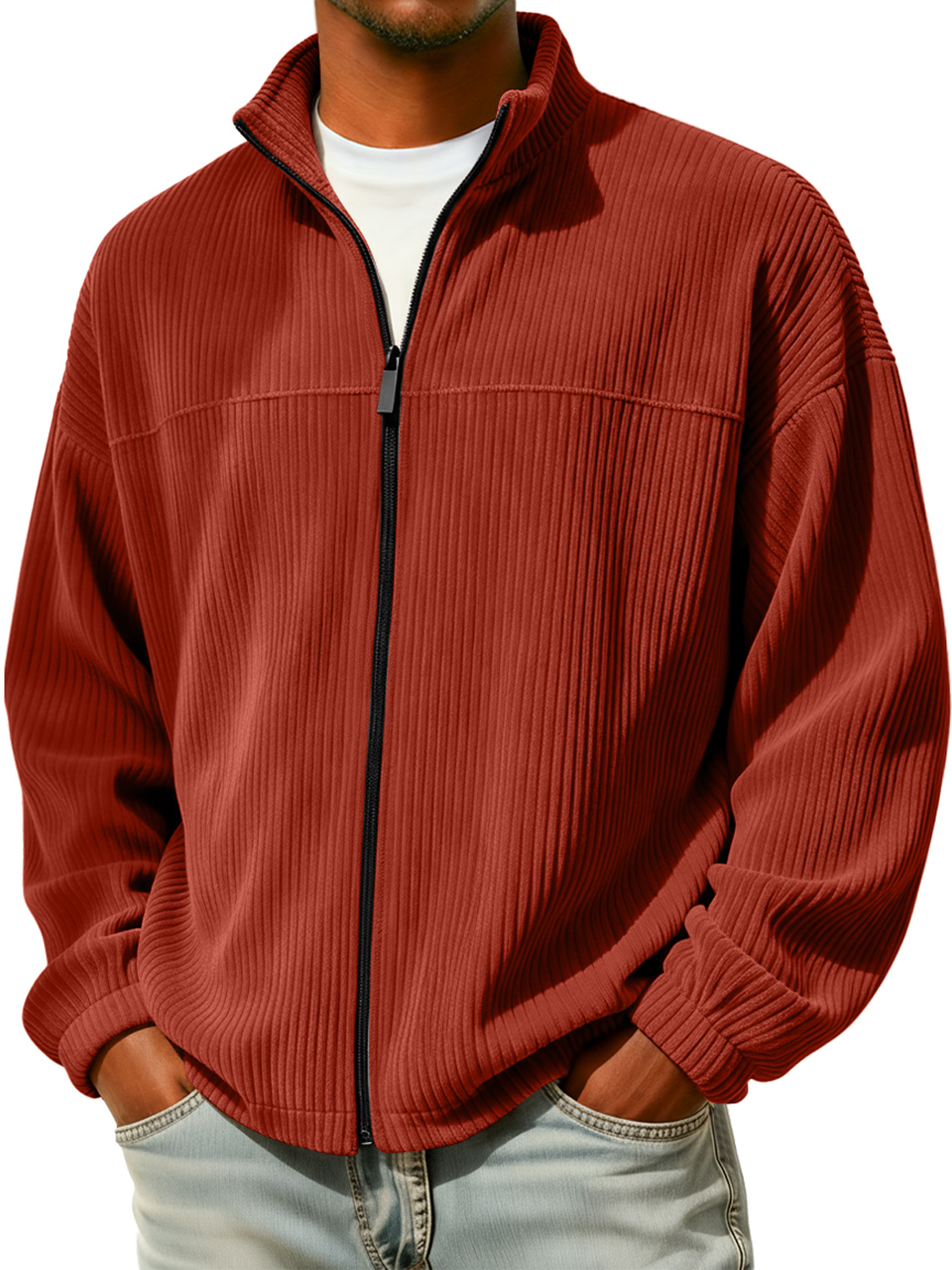 Herren einfache Stehkragen Reißverschluss Cord-Jacke casual-deurabatt