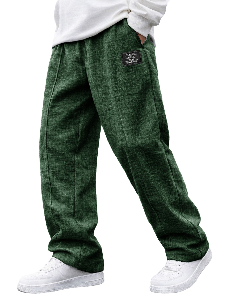 Herren modische lässige Leinenhosen mit elastischem Bund, bestickte Logo-Taschen-deurabatt