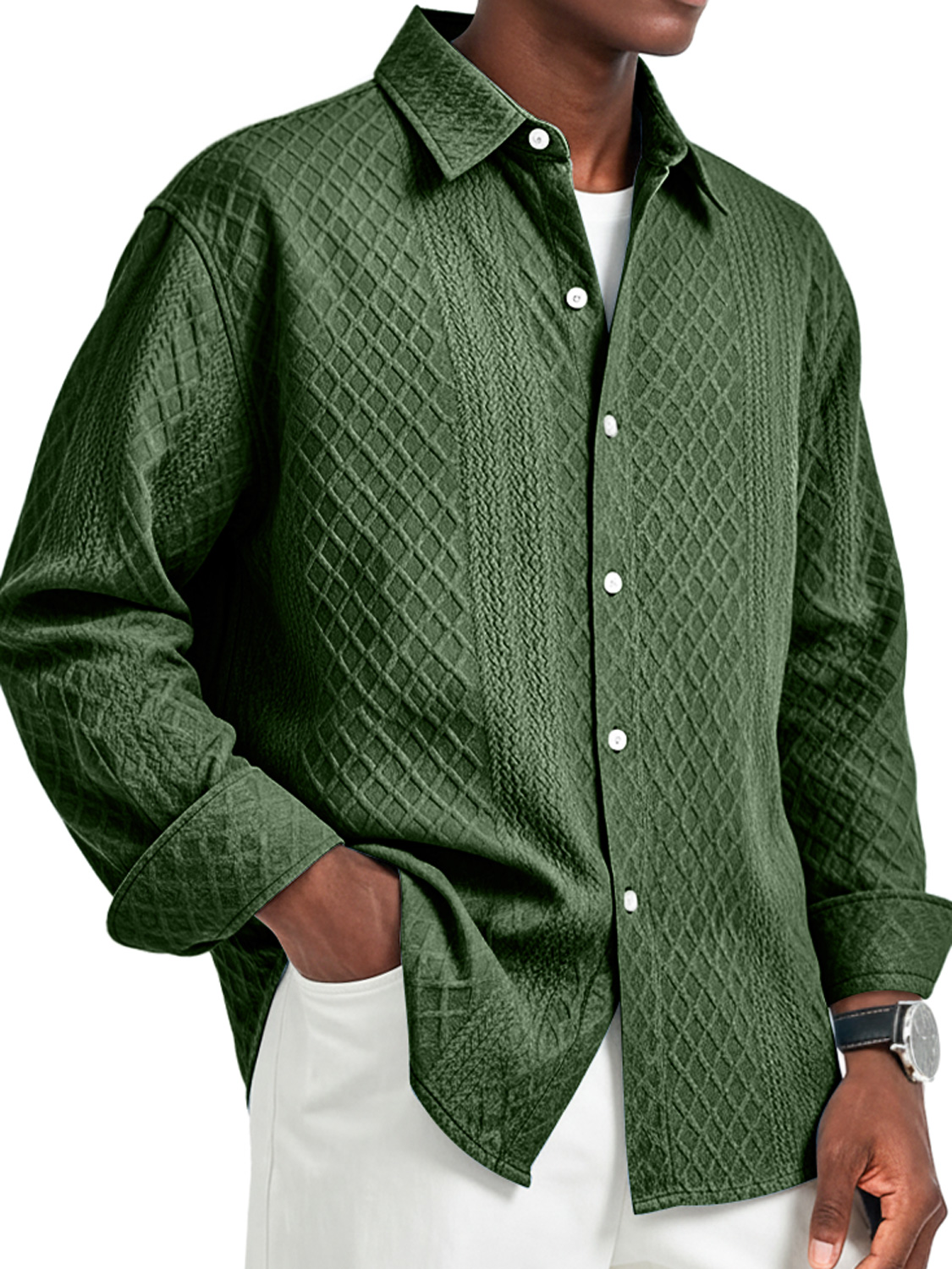 Herren Daily Jacquard Struktur Freizeit Revers Langarmhemd-deurabatt