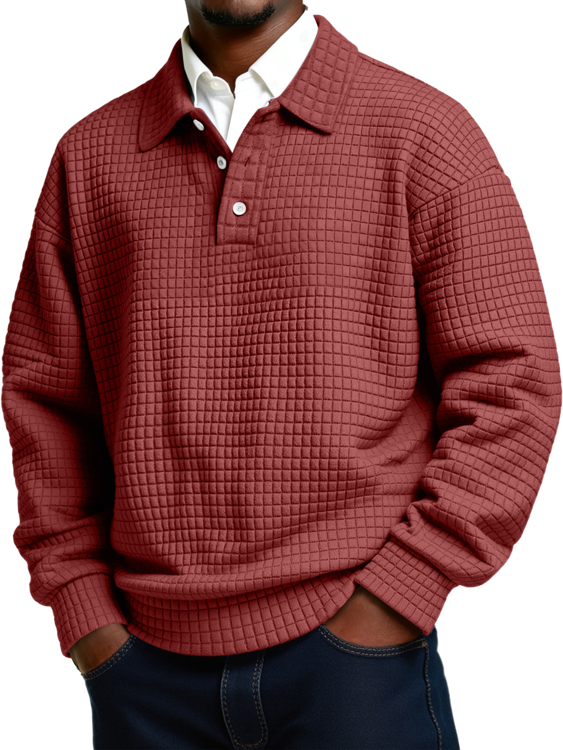 Herren Daily Small Plaid Revers Knopf Lässiges Langarm Polohemd-deurabatt
