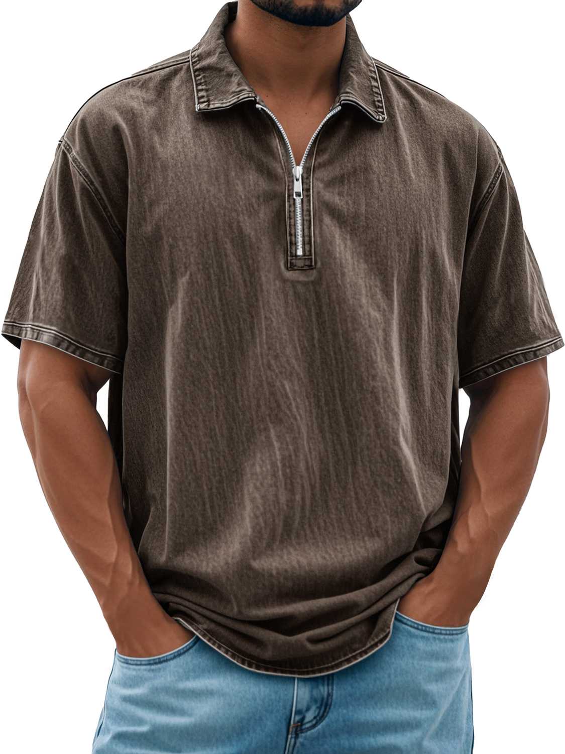 Herren Retro Daily Revers Reißverschluss Freizeit Kurzarm POLO Shirt-deurabatt