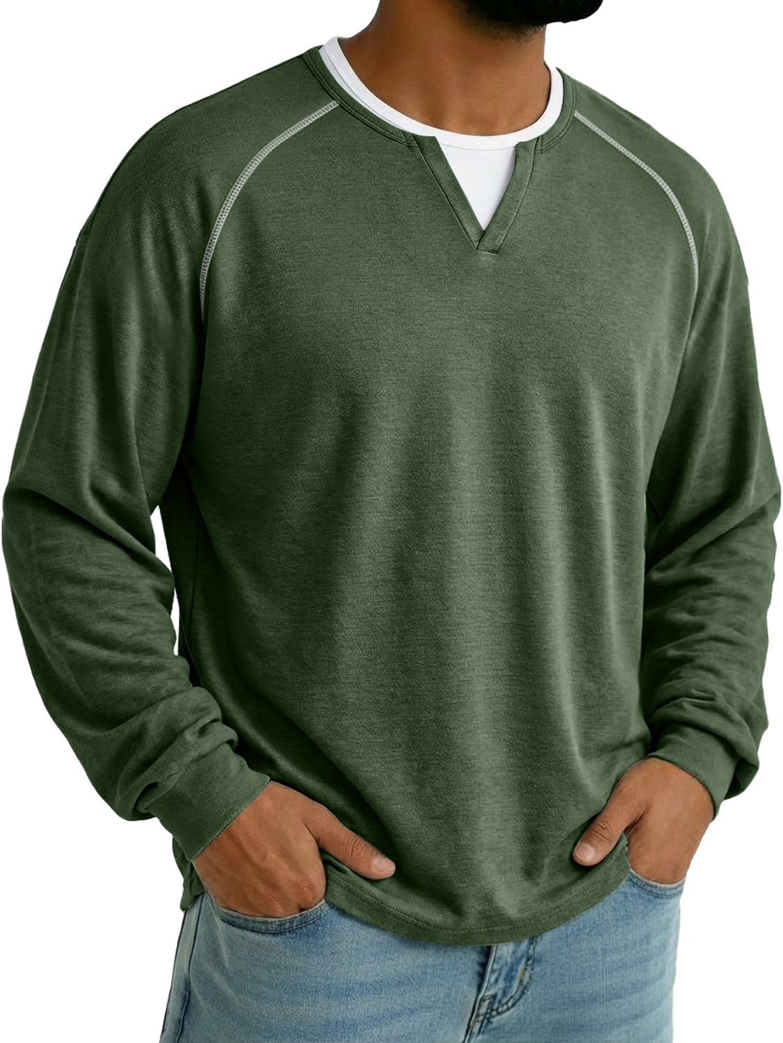 Herren Faux Zweiteilig Doppel-Lagen Kragen Raglan Ärmel Lässiges Langarm T-Shirt-deurabatt