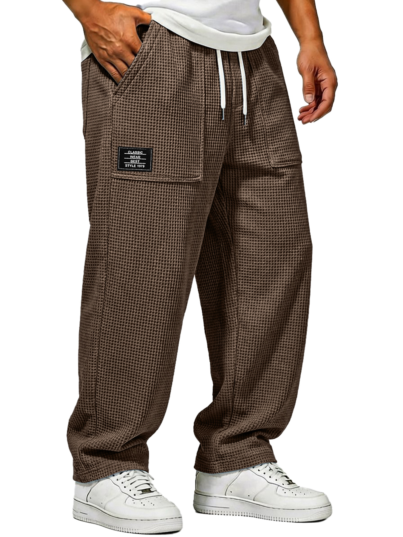 Herren Waffelstrick Freizeitlockere Hose mit aufgesetzten Taschen und gesticktem Logo-deurabatt