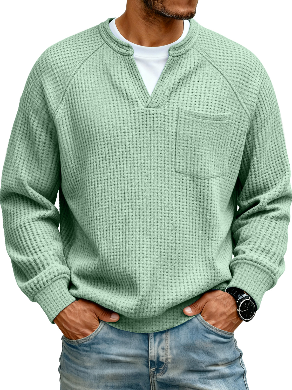 Herren Raglan Waffelstrick Faux Zwei-Teile Freizeit Tasche Langarm T-Shirt-deurabatt
