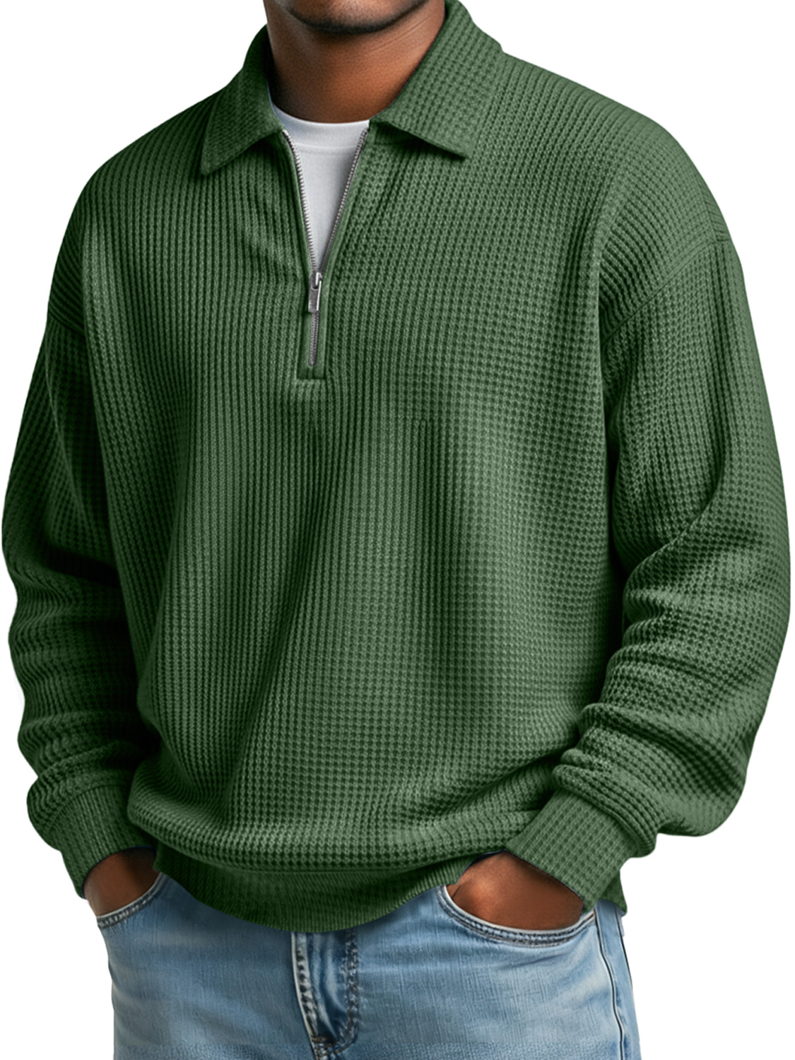 Einfaches Waffelkragen Reißverschluss Freizeit Poloshirt in einfarbig-deurabatt
