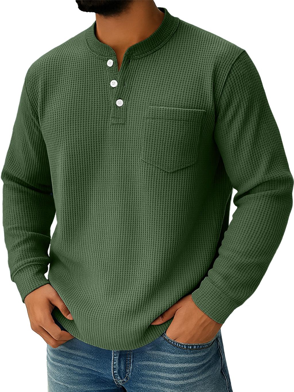Herren Alltags Waffelkragen Button-Down Freizeit Langarm Henley-deurabatt