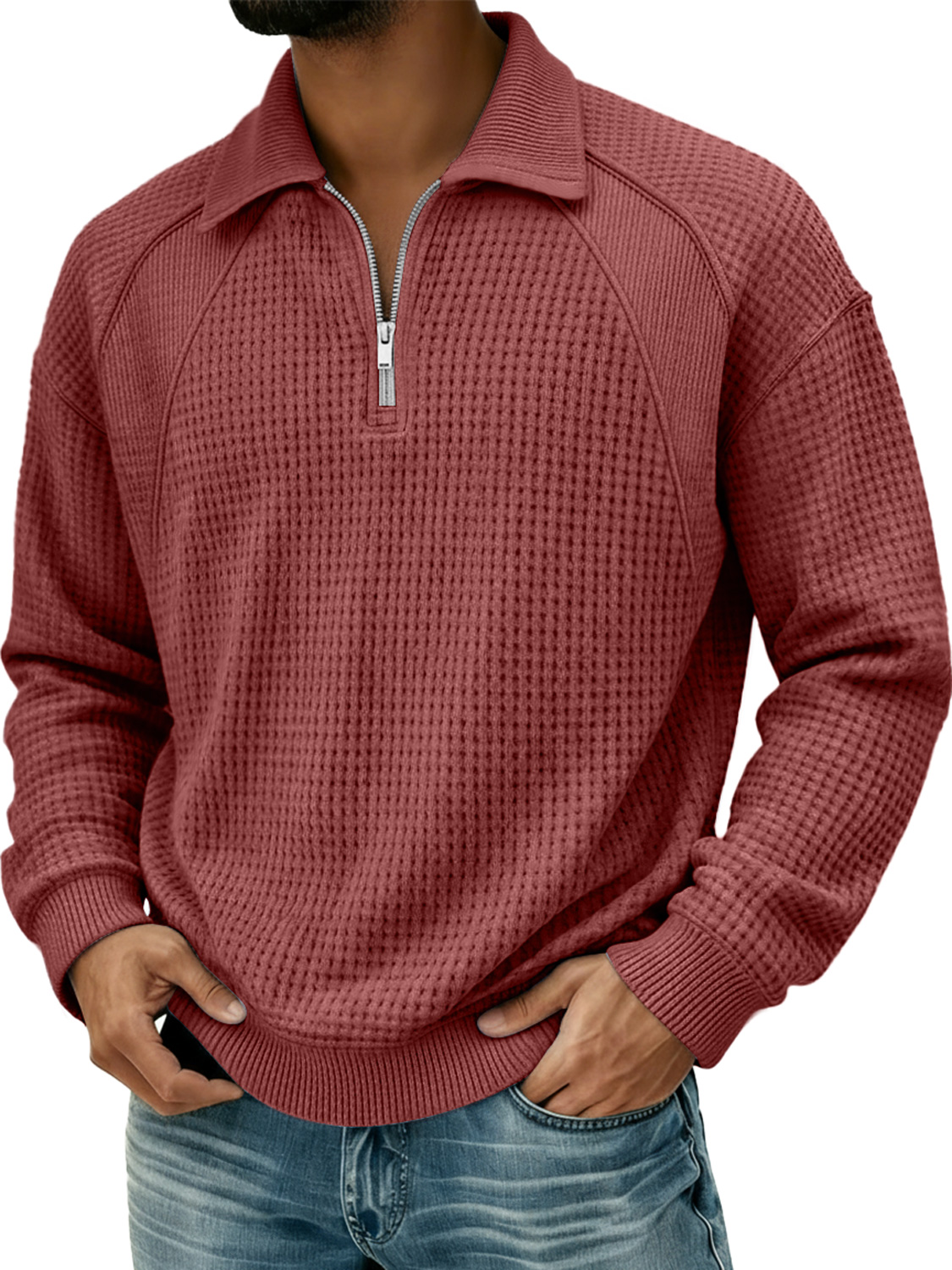 Herren Waffel Revers Reißverschluss Design Split Naht Polo Shirt-deurabatt