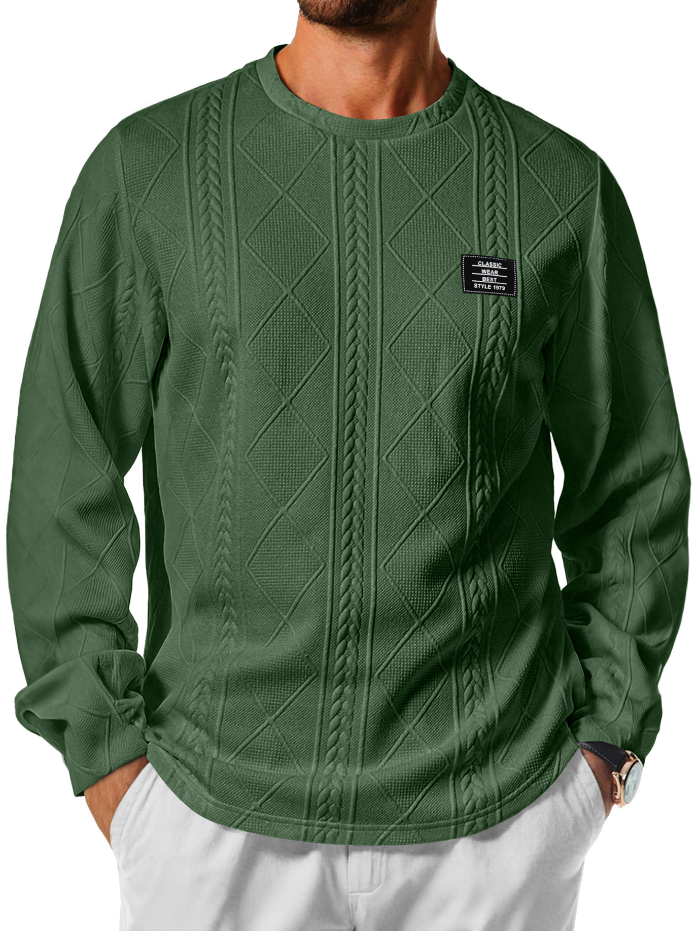 Herren Daily Rundhals Jacquard-Textur Besticktes Logo Lässiges Langarm-T-Shirt-deurabatt