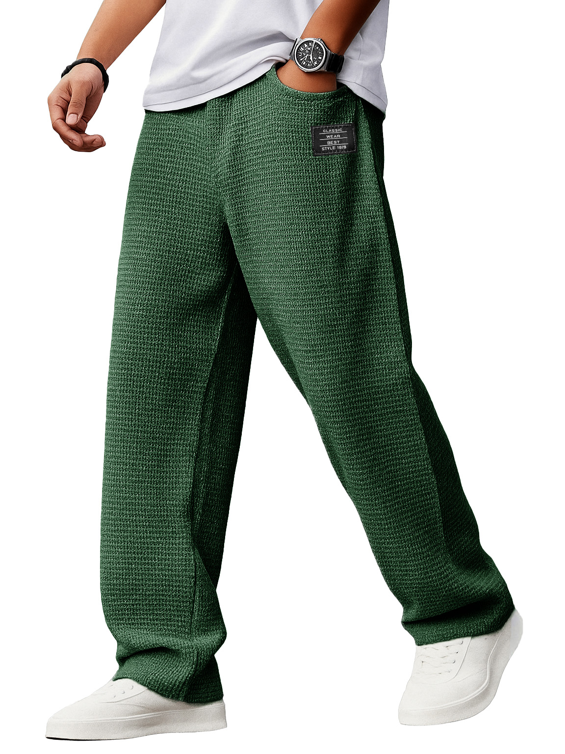 Herren Stylische Alltags-Waffelstoff-Hosen mit lockerer Passform, Kordelzugbund und gesticktem Logo-ZierMode