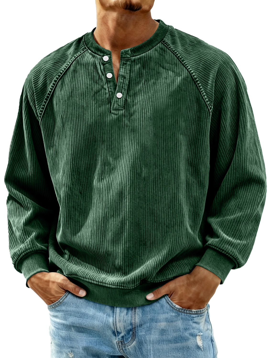 Herren Retro Corduroy Raglan Freizeit Langarm Henley Shirt-deurabatt