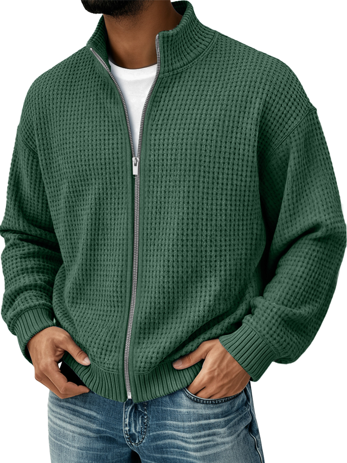 Herren Einfacher Stehkragen Waffel Freizeit Zip-Up Jacke-deurabatt