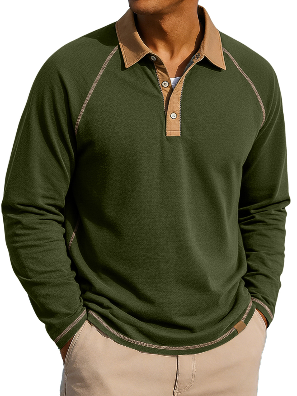 Herren Revers Knopf-auf Farbblock Raglan Ärmel Freizeit Langarm Polohemd-deurabatt