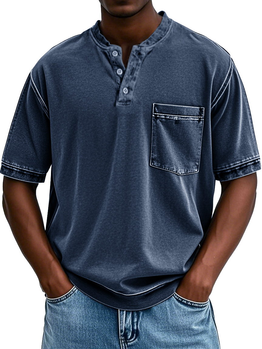 Herrenmode Retro Rundhals Tasche Kurzarm Henley Shirt-deurabatt