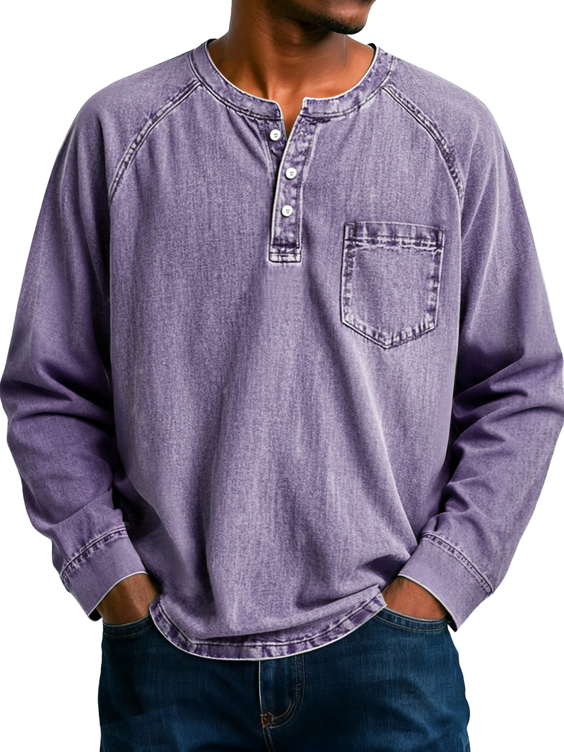 Herren Retro Raglan Tasche Lässiges Langarm-Henley-Shirt-deurabatt