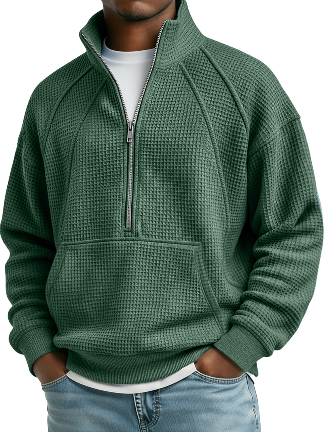 Herren Waffel Stehkragen Reißverschluss Raglan Freizeit Tasche Sweatshirt-deurabatt